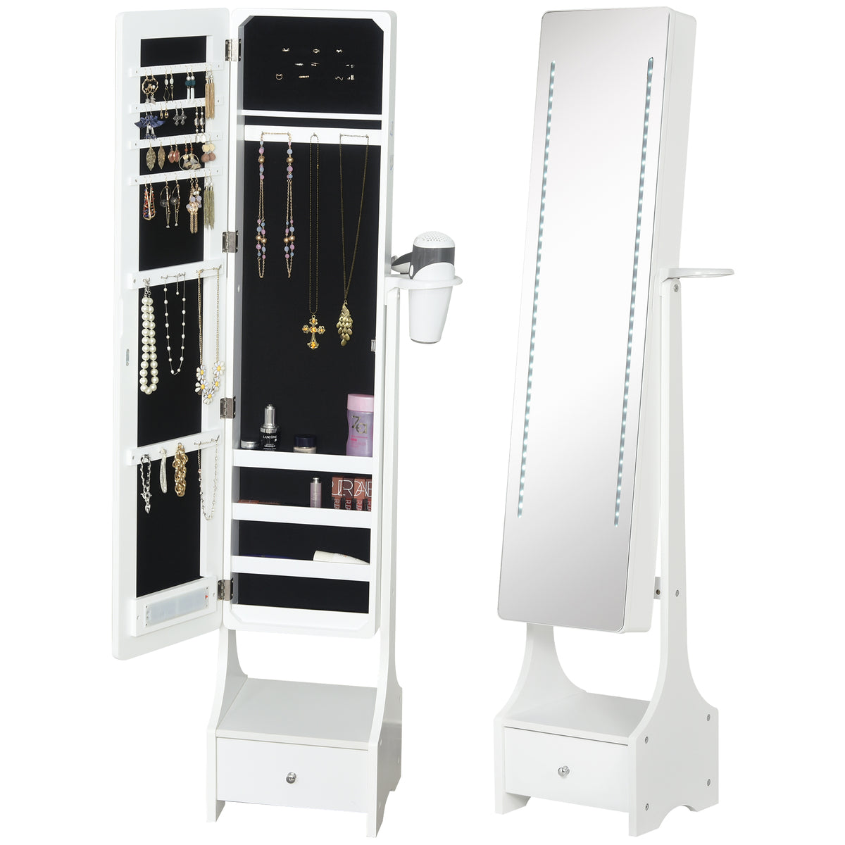 Kozy Jewellery Cabinet, Full Length Mirror with Storage, Free Standing Mirror with LED Lights, Hooks, Drawer and Hairdryer Holder for Bedroom, White