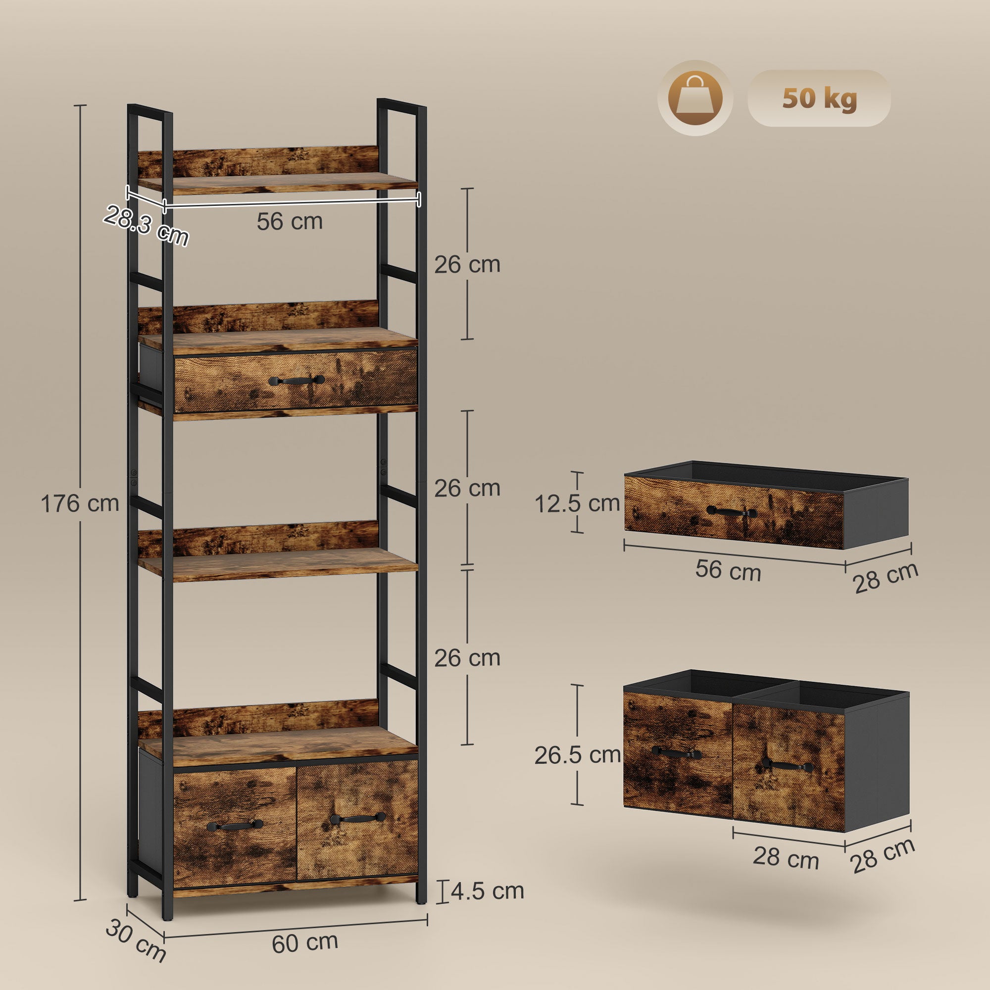 Kozy Industrial Style Bookcase, with 4 Shelves and 3 Fabric Drawers - Brown/Black