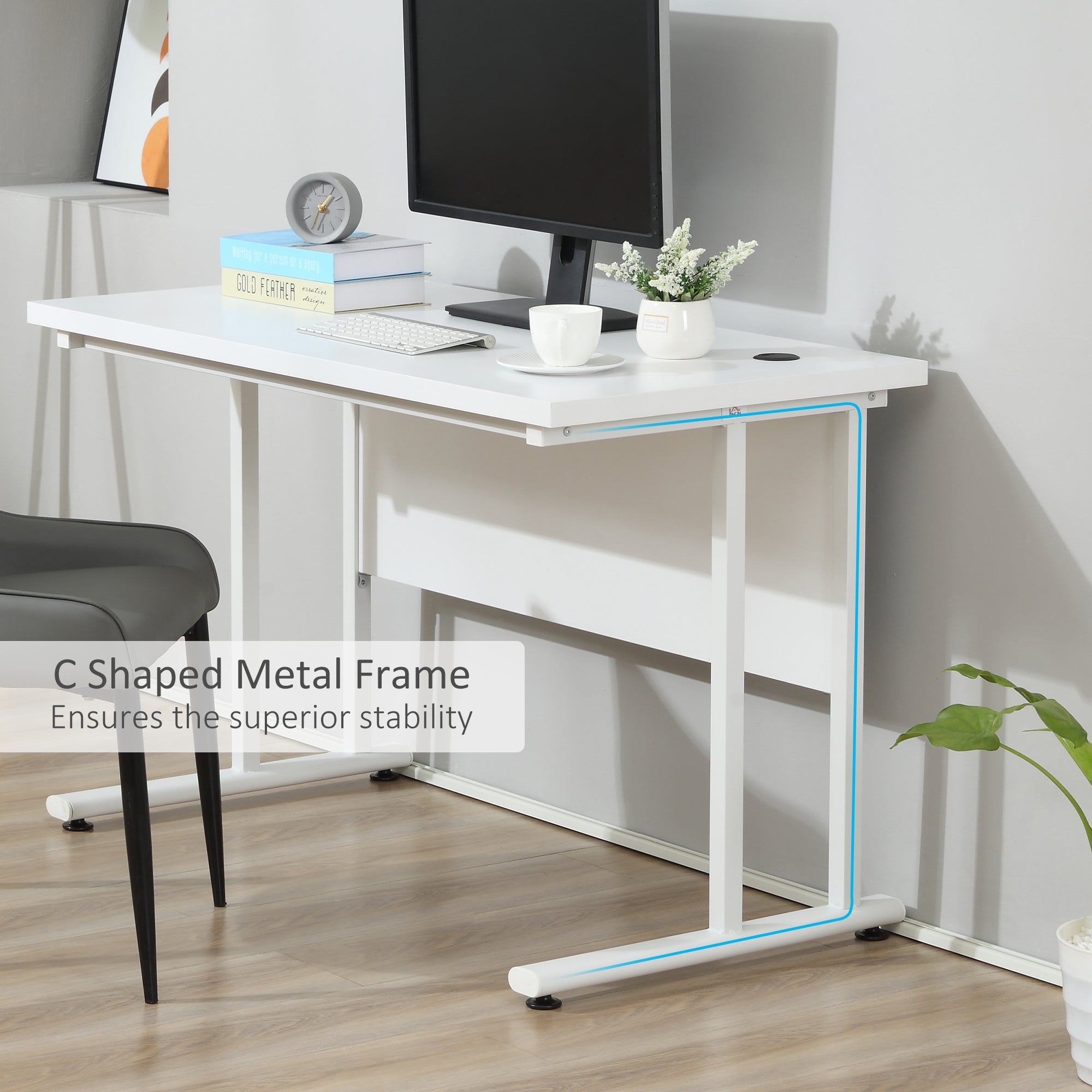 Kozy Computer Desk, Home Office Desk, Writing Table, 120x60x75cm Laptop Workstation with 2 Cable Management Holes, C Shaped Metal Legs for Adults, White