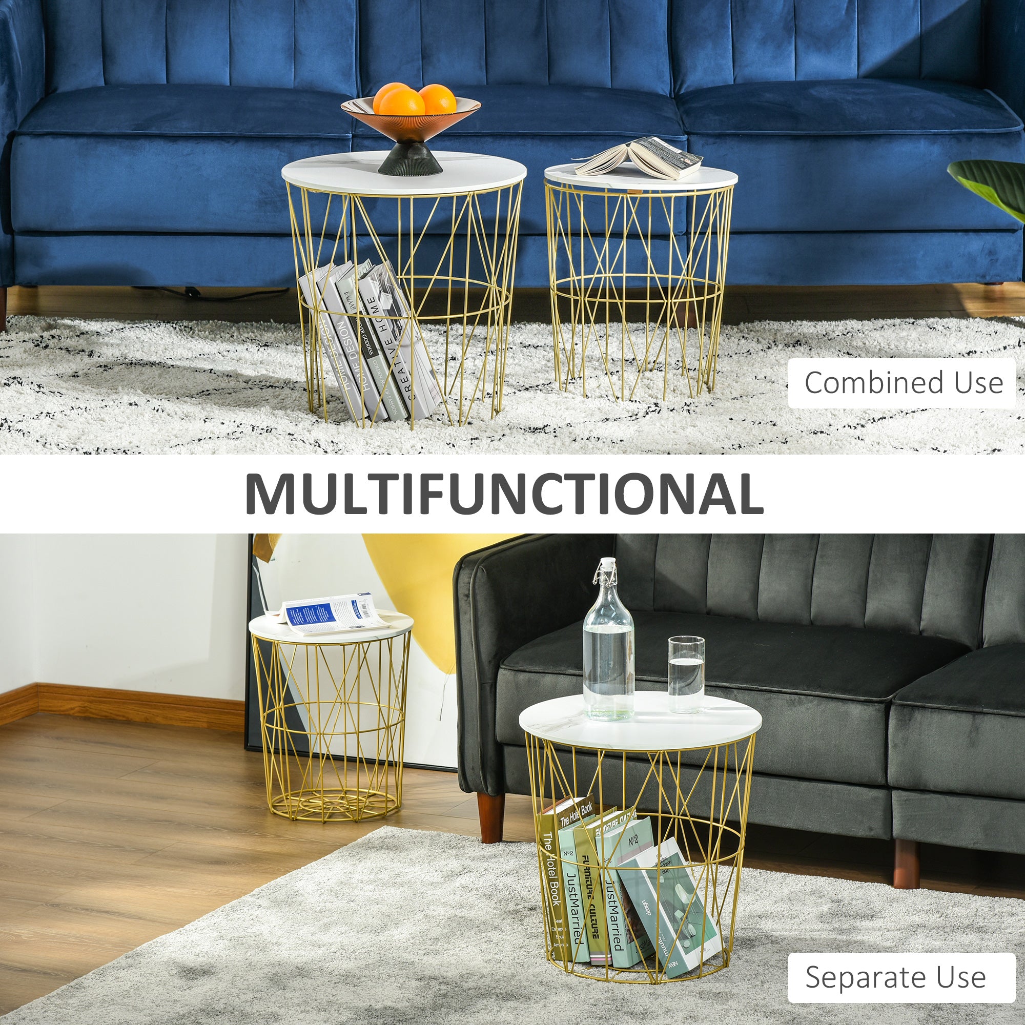 Kozy Set of 2 Nesting Side Tables with Storage, Round End Tables Coffee Tables with Steel Frame and Removable Round Top, for Living Room, bedroom, office, White