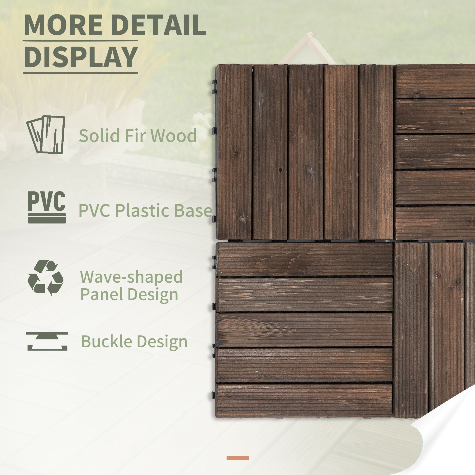 Kozy 27 Pcs Solid Wood Interlocking Decking Tiles For Patio, Balcony, Roof Terrace, Hot Tub, Black, (30 x 30 cm Per Piece)