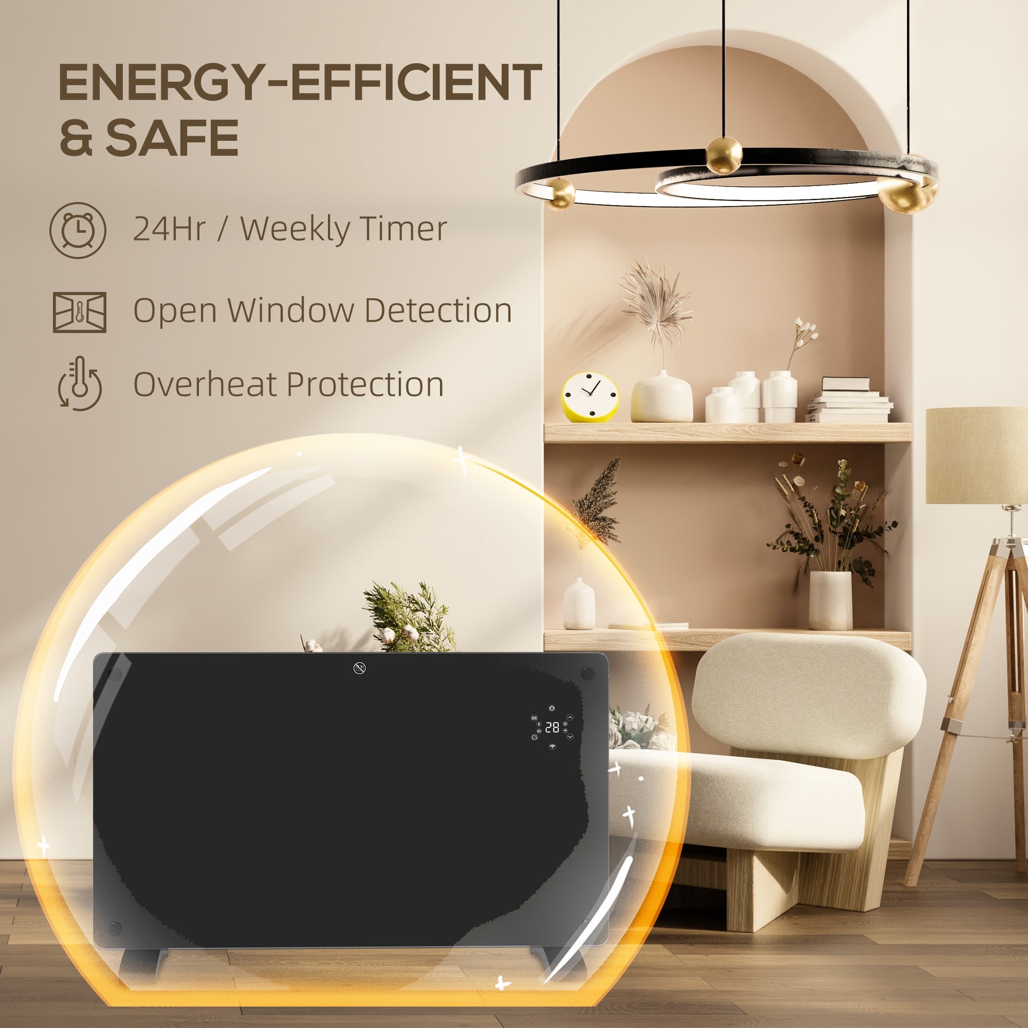Kozy - Electric Heater Wifi Smart App, 1500W Glass Panel Heater Radiator, Freestanding or Wall Mounted Convector Space Heater with LED Display, 24Hr 7 Day Timer, Adjustable Thermostat, Remote Control
