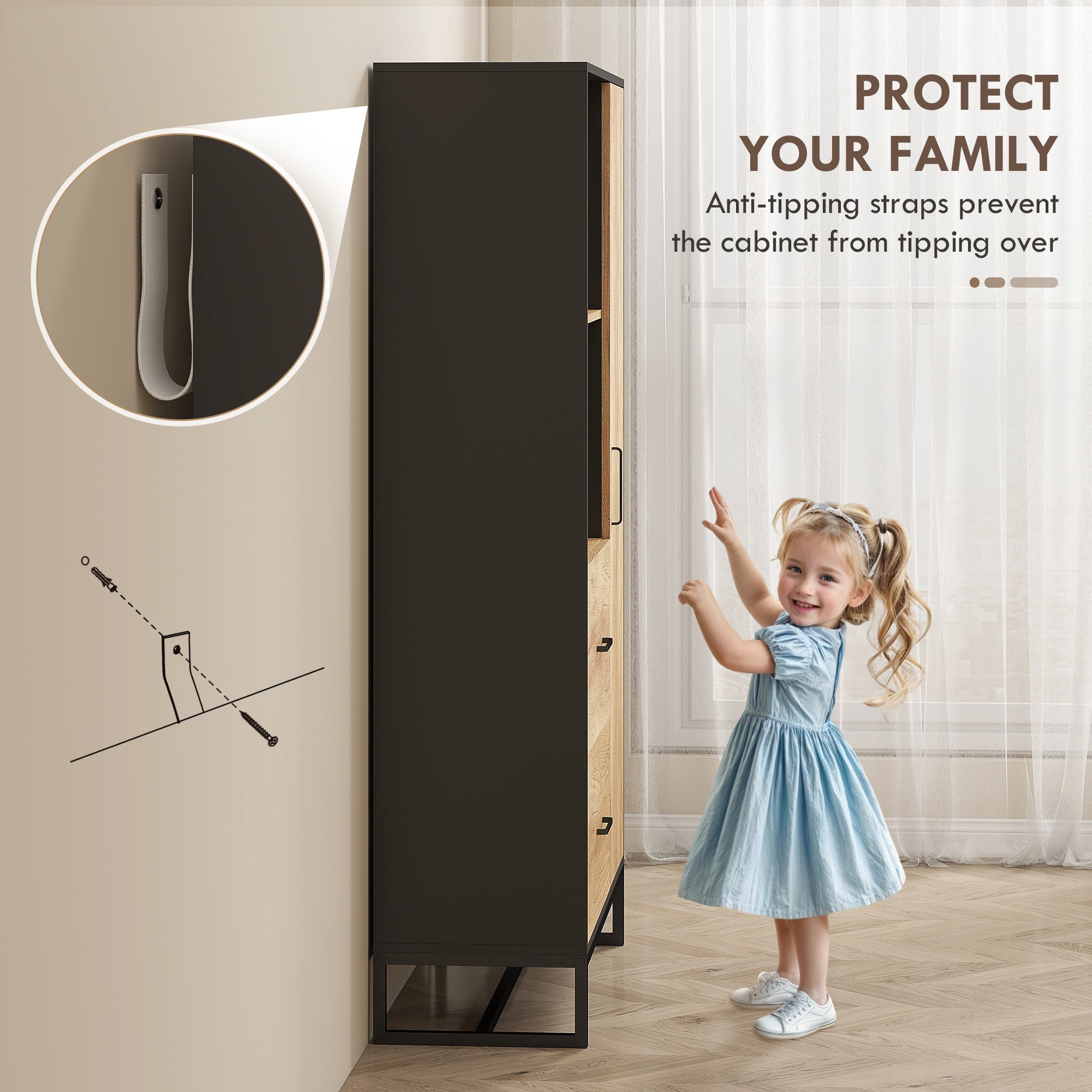 Kozy Tall Kitchen Cupboard, Freestanding Kitchen Pantry Cabinet with Adjustable Shelves, Drawers and Soft Close Door, 160cm