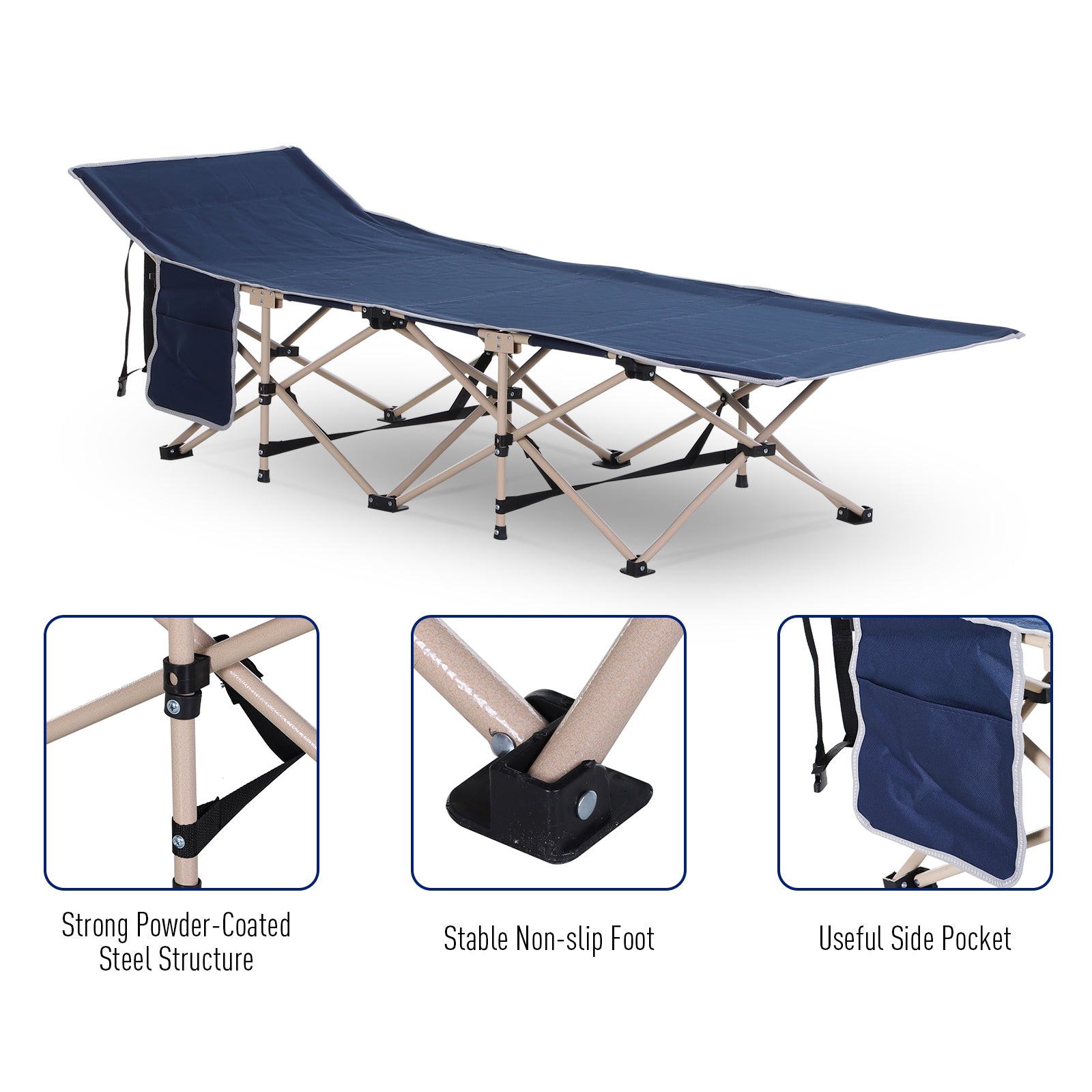 Outsunny Folding Camping Cot, Single Person Portable Military Bed for Outdoor, Travel, Blue