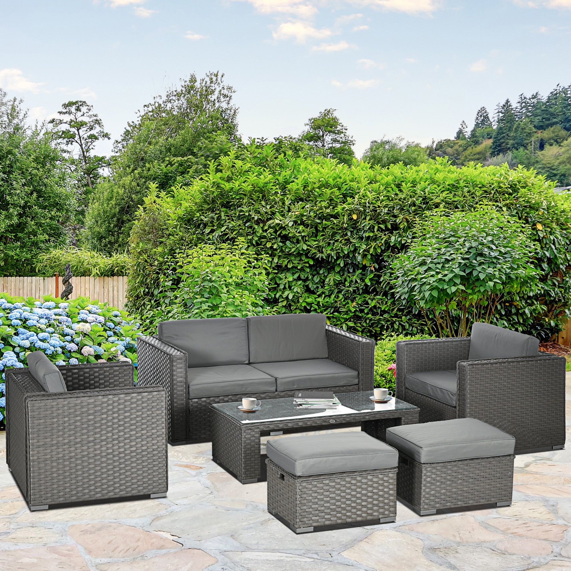 Kozy 6PC Garden Rattan Sofa Set Bonzer Outdoor Furniture Patio Table Loveseat Stool Lounging Ottoman Aluminium Frame Wicker Weave Conservatory Grey