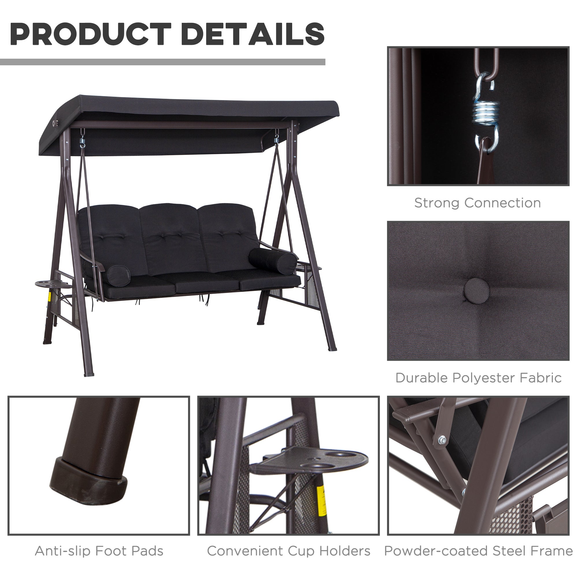 Kozy Swing Chair Hammock Chair 3 Seater Canopy Cushion Shelter Outdoor Bench Black