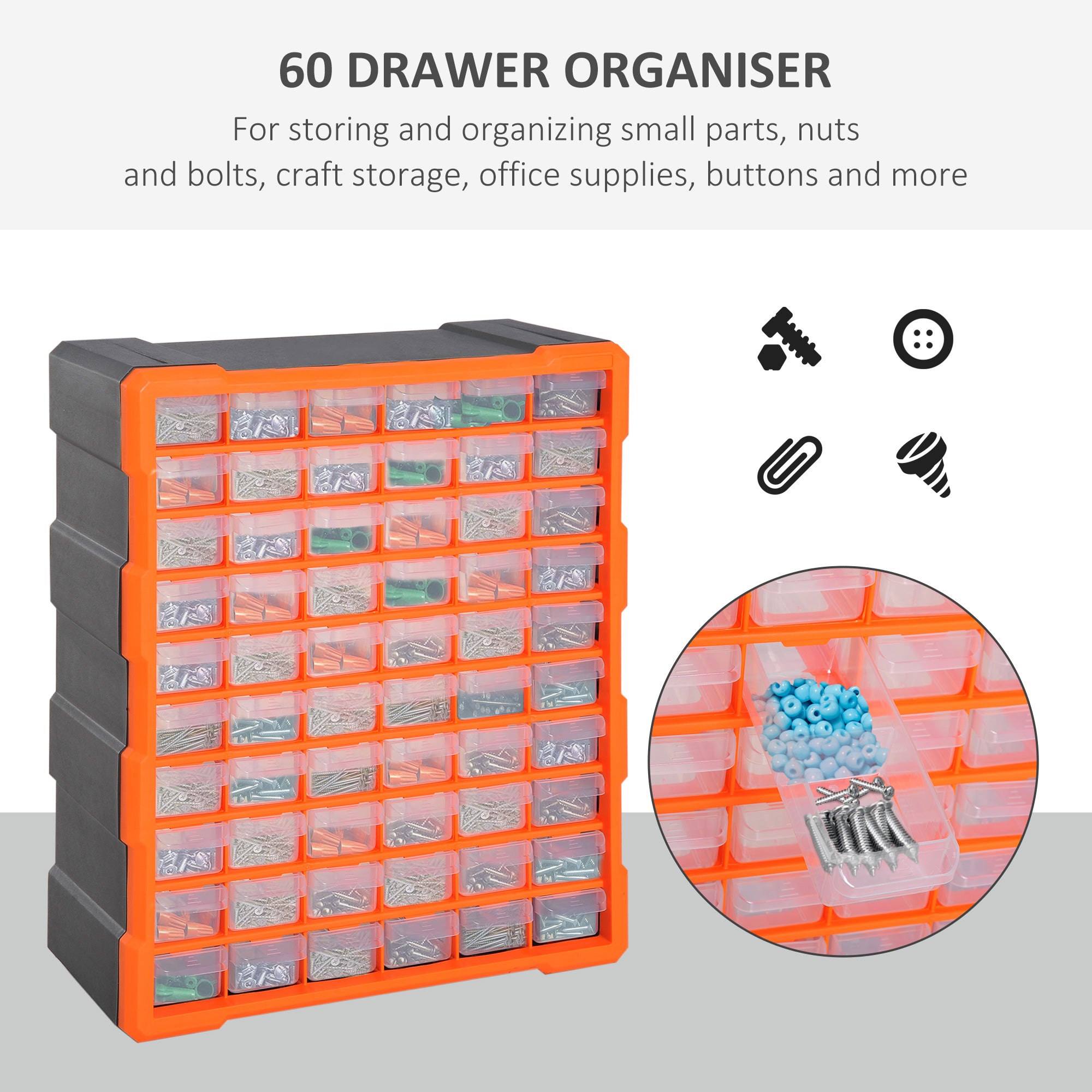 Kozy 60 Drawers Parts Organiser Wall Mount Storage Cabinet Garage Small Nuts Bolts Tools Clear Orange
