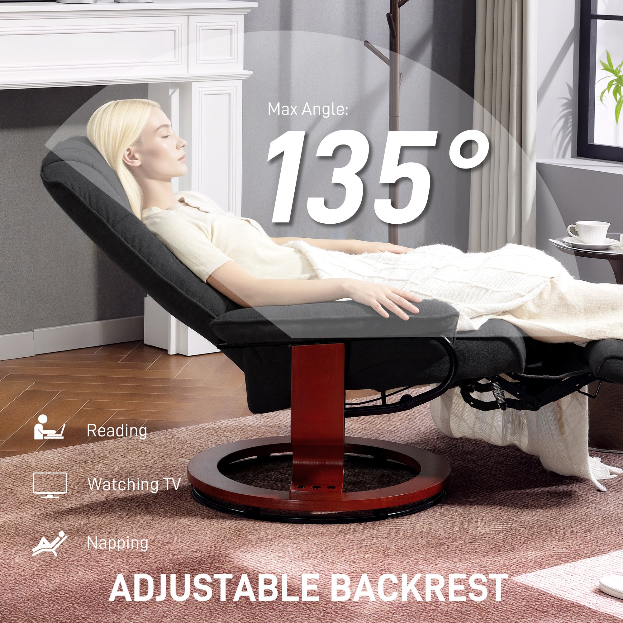 Kozy - Reclining Swivel Chair, with Footrest - Black