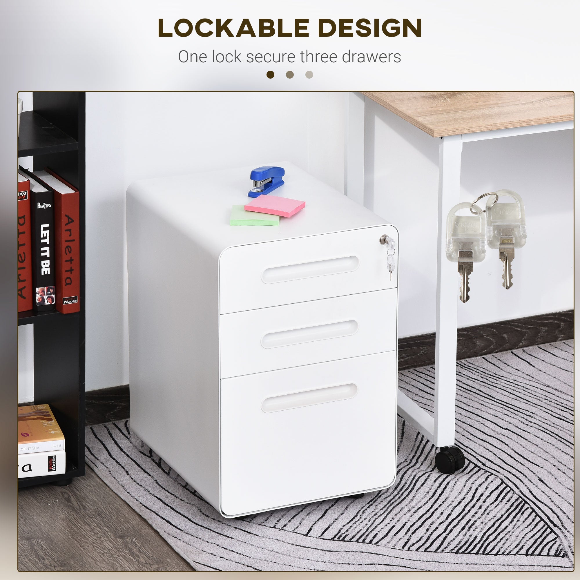 Kozy Lockable File Cabinet with 3 Drawers, Vertical Office Drawer for A4, Letter, Legal Size, Anti-tilt Design, Pre-Assembled Body, White