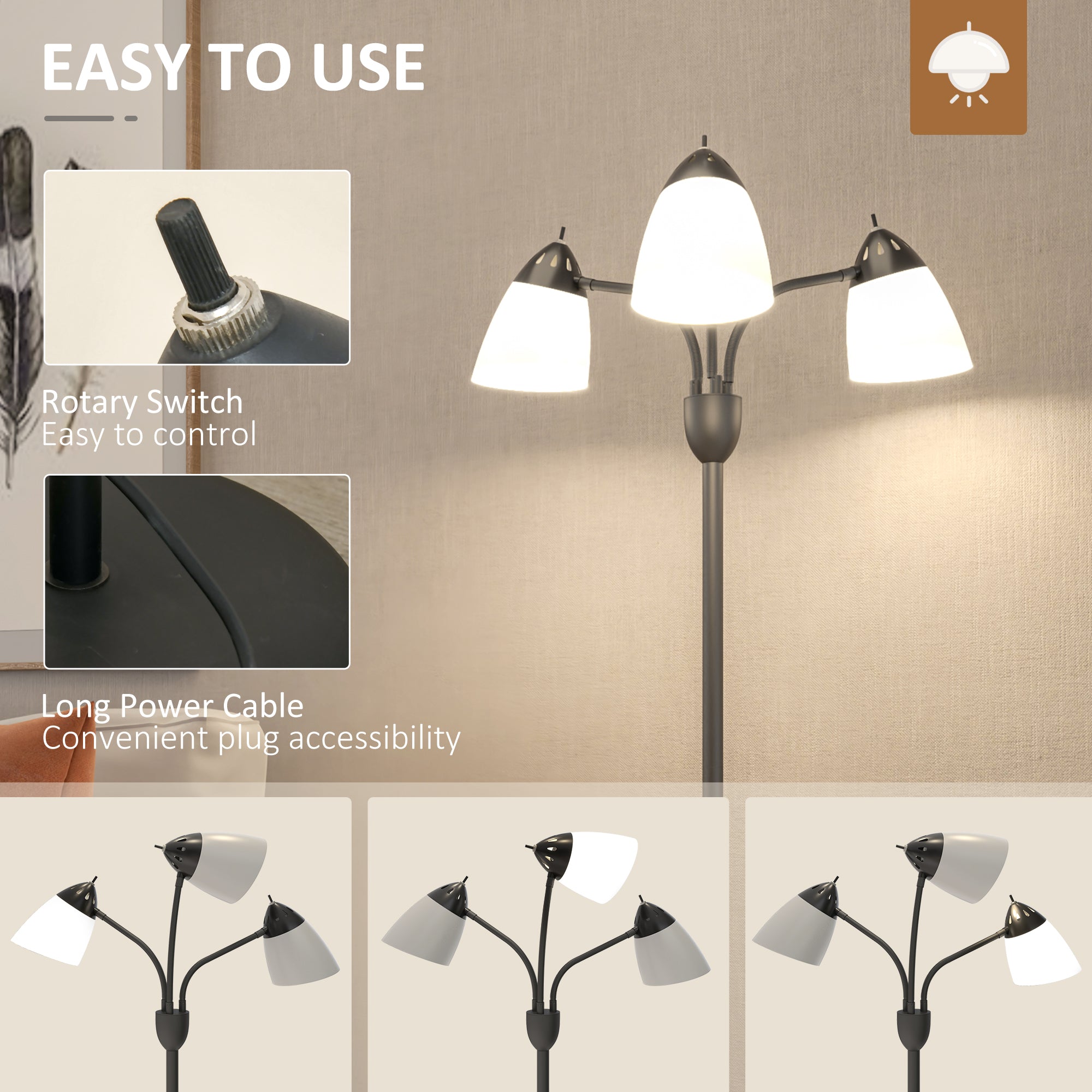 Kozy Arc Tree Floor Lamp with 3 Adjustable Rotating Lights, Industrial Standing Lamp with Steel Frame for Bedroom Living Room, 155cm, Black