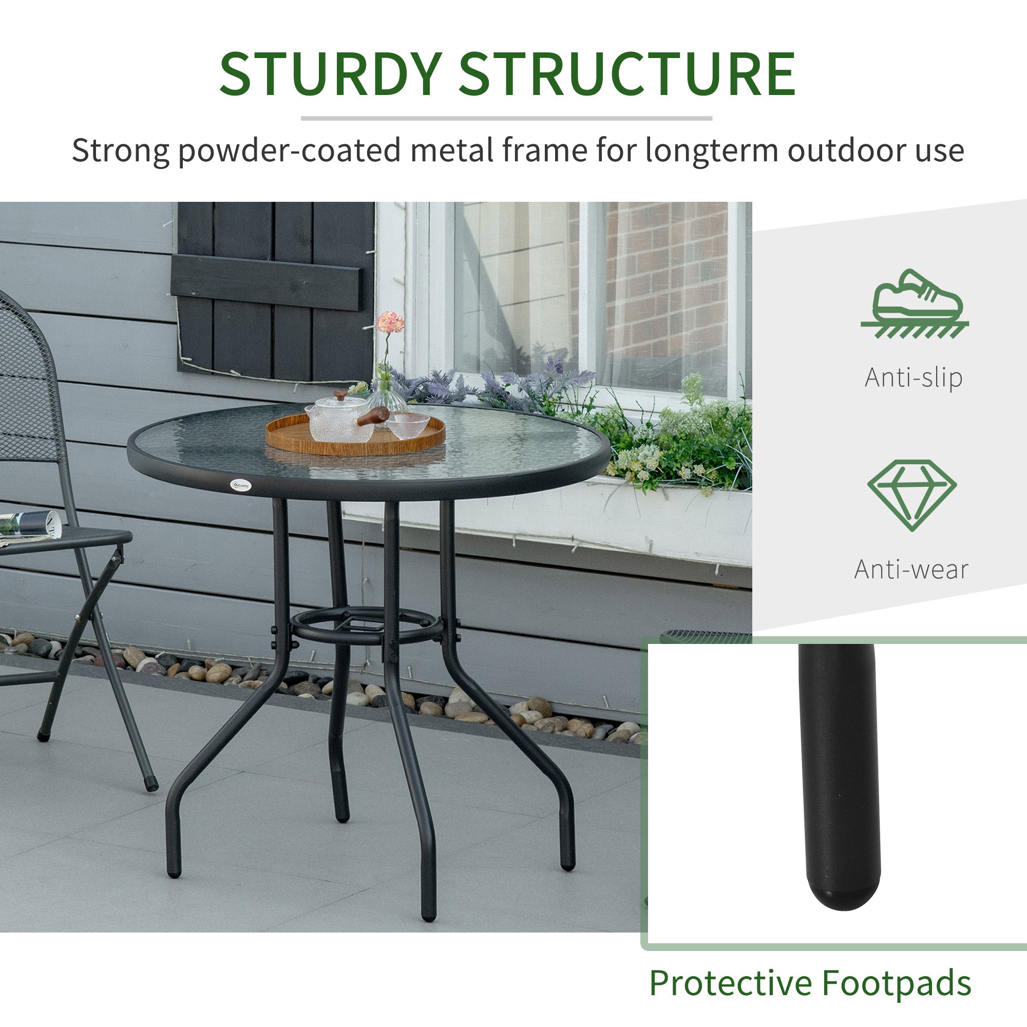 Kozy Outdoor 80cm Round Dining Table Tempered Glass Top Steel Frame Bistro Coffee End Side Table Garden w/ Parasol Hole