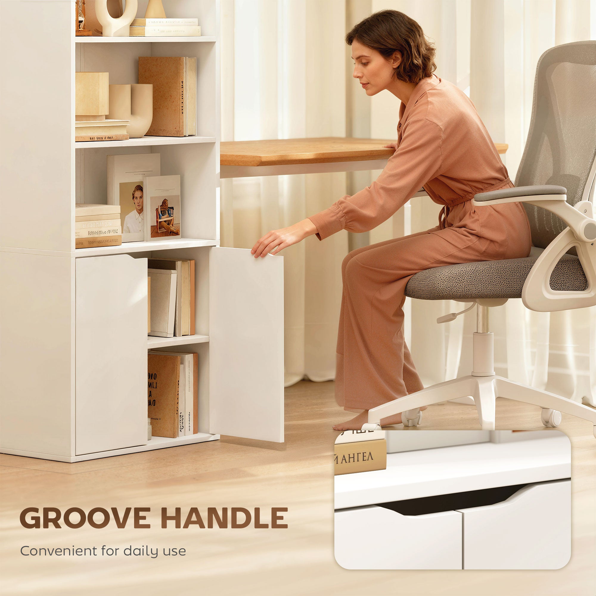 Kozy 6-Tier Tall Bookcase, Bookshelf with 4 Open Shelves and Double Door Storage Cabinet, Freestanding Display Rack for Living Room, Bedroom, Home Office, Study, 59 x 29 x 180cm, White