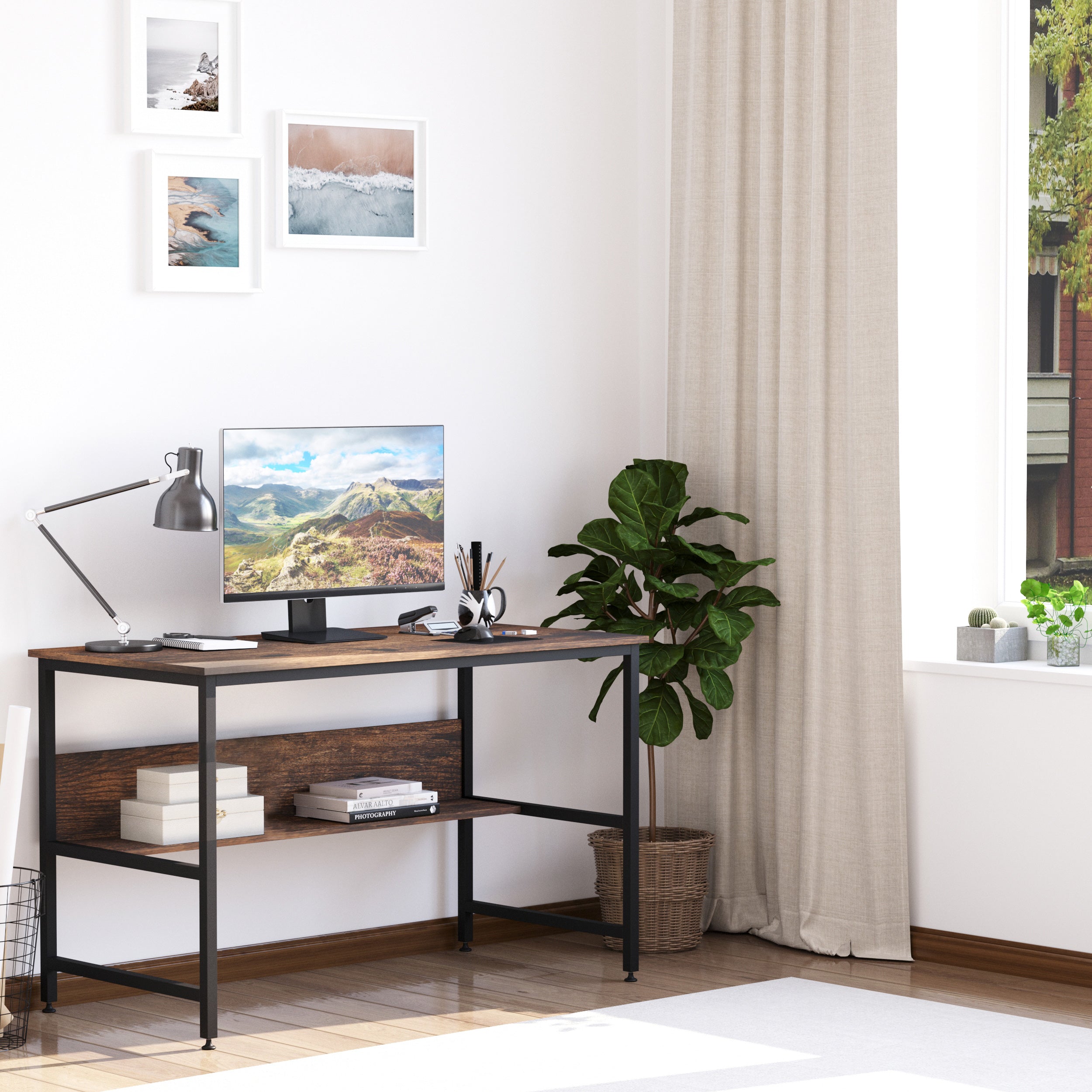 Kozy Computer Desk with Storage Shelf, 120 x 60cm Home Office Desk with Metal Frame, Study Table, Easy Assembly, Rustic Brown