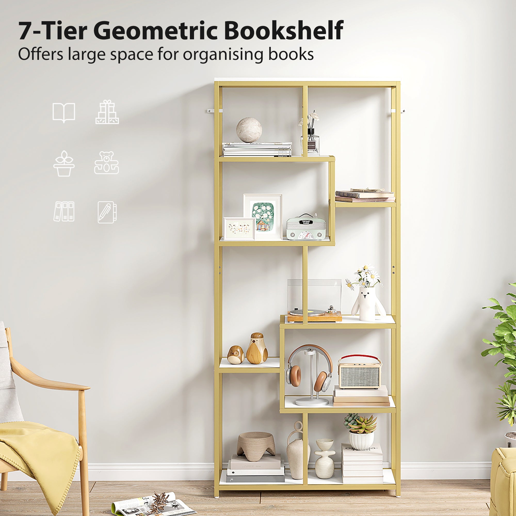Kozy Seven-Tier Geometric Bookcase - White/Gold Tone