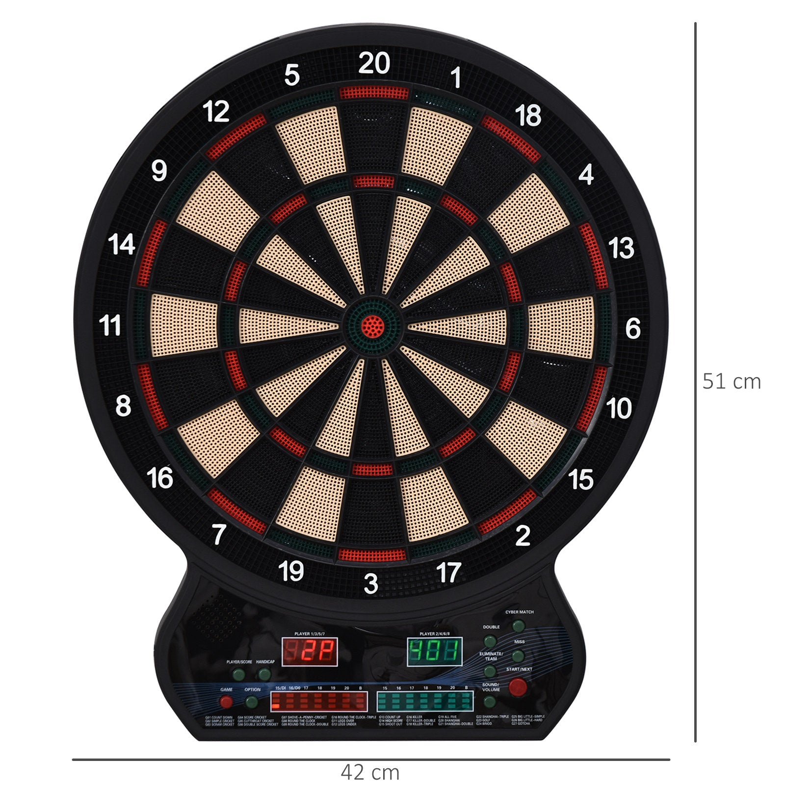 HOMCOM LED Dartboard Electronic Scoreboard 8 Players 27 Games Family Fun w/ 12 Darts 30 Heads Home Office Classic Game