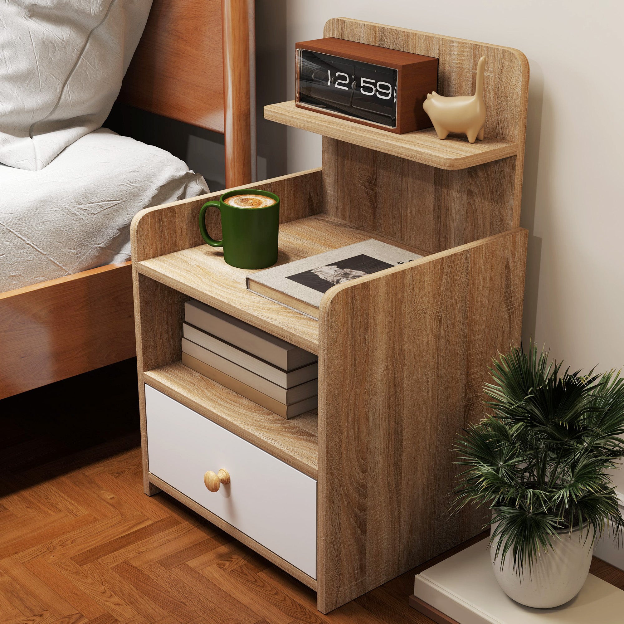 Kozy - Multi-Storage Bedside Table - White/Wood-Effect
