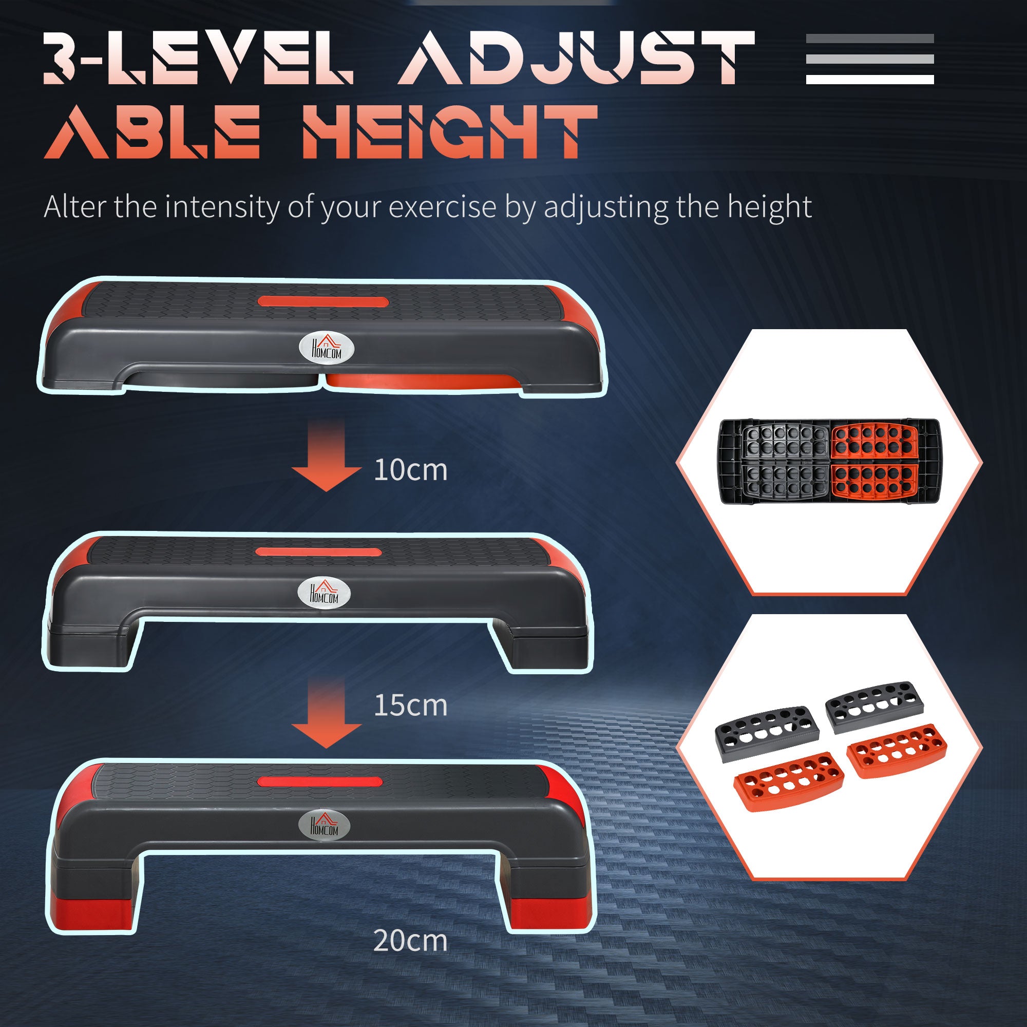 Kozy Aerobic Step, 10cm, 15cm & 20cm Height Adjustable Exercise Stepper for Exercise Workout, Nonslip Step Board Great for Home & Office, Grey and Red