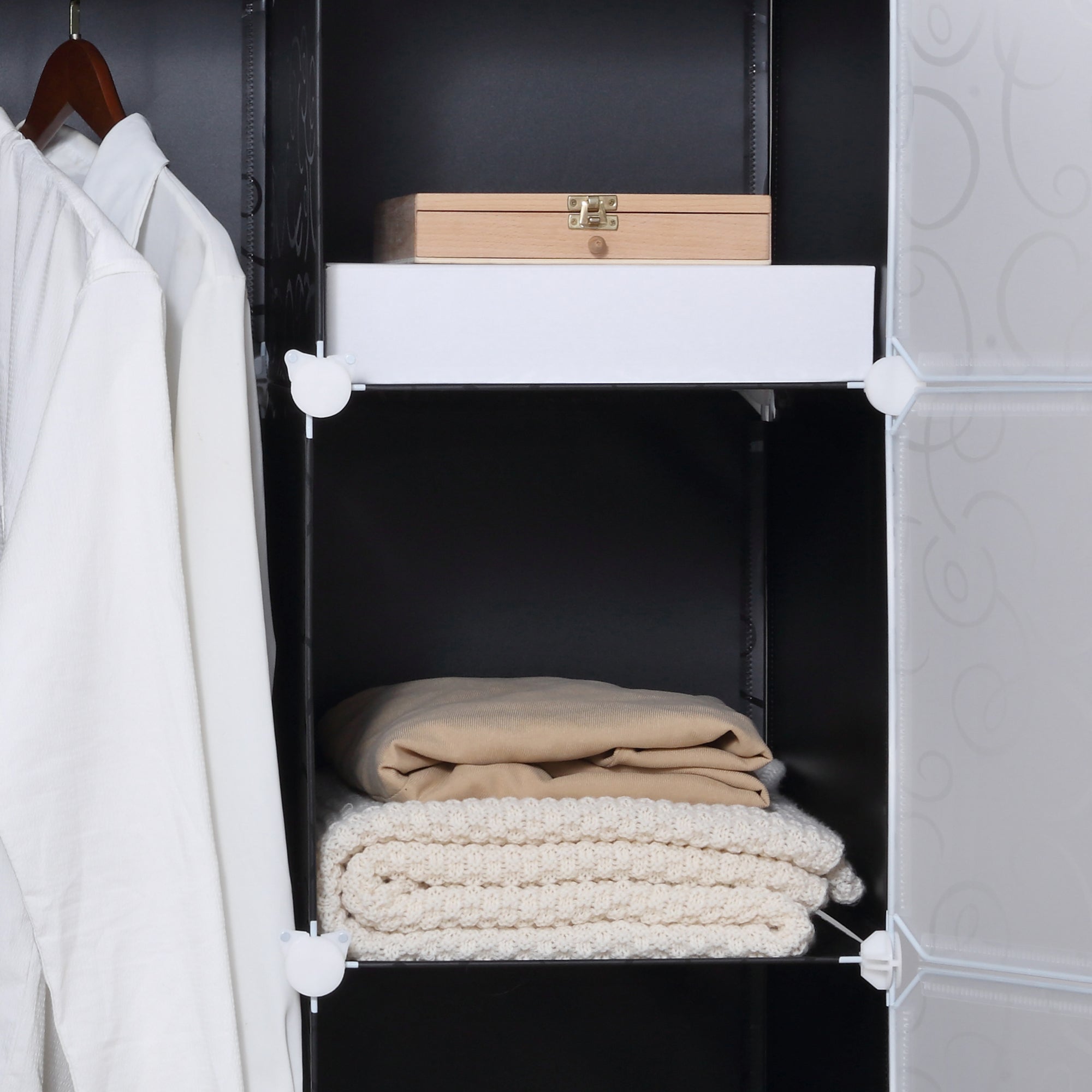 Kozy Portable Wardrobe for Bedroom, 15 Cube Closet with Hanging Rail, Modular Storage Cabinet, Plastic Armoire for Space Saving, White and Black