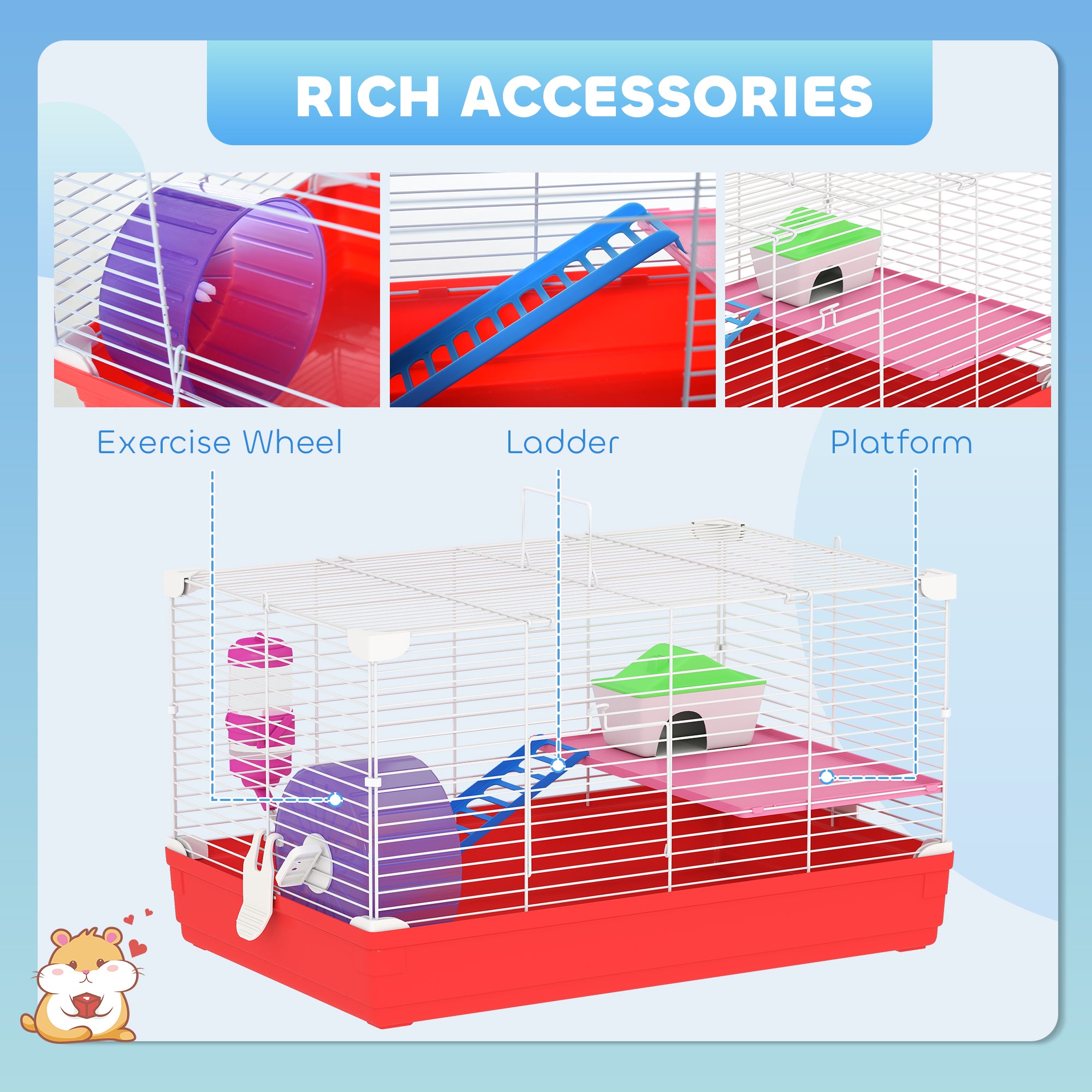 Kozy Hamster Cage, Small Gerbil Cage 2 Tiers Portable w/ Handle, Exercise Wheel, Water Bottle, Dishes