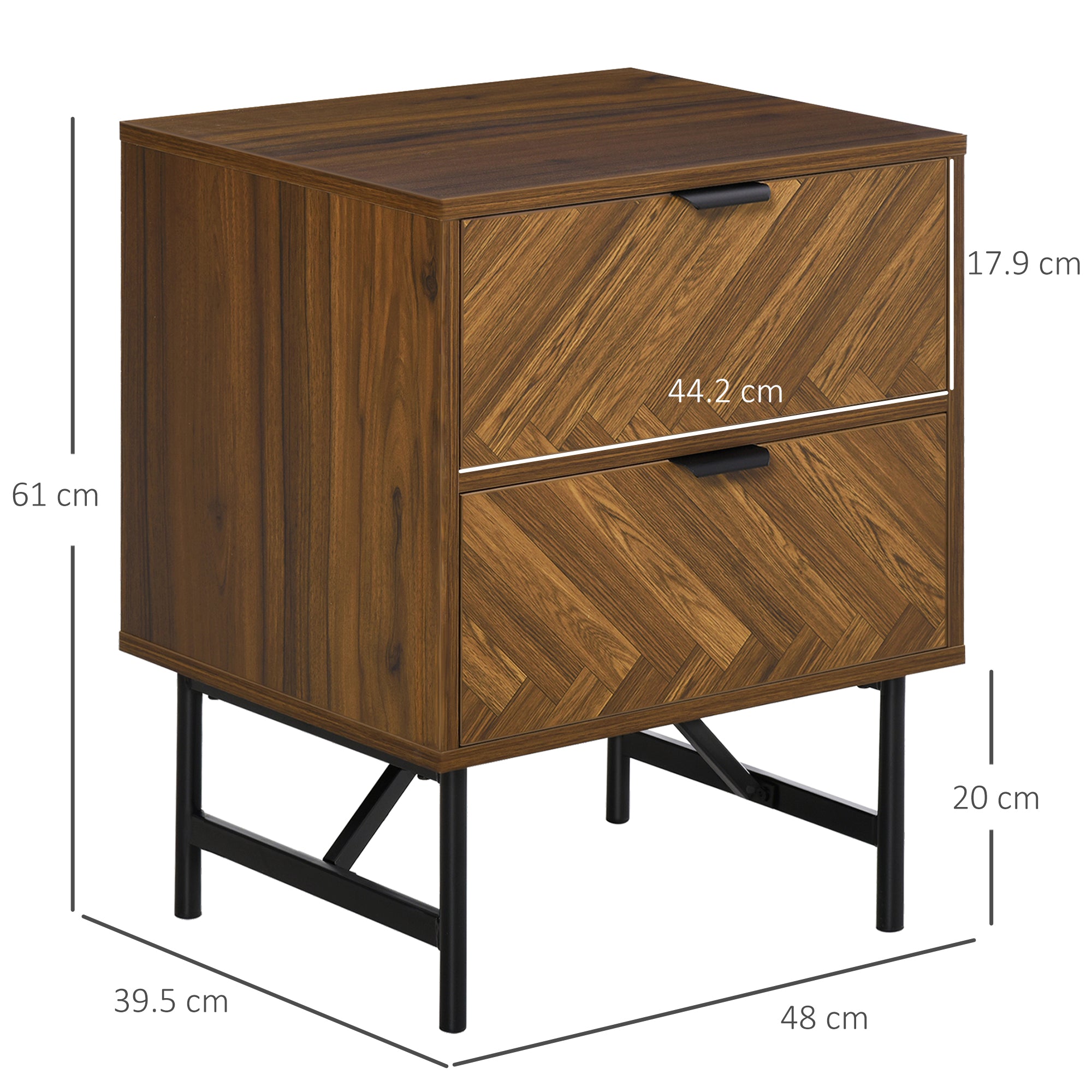 Kozy Bedside Table with Two Drawers, Side Cabinet Storage Unit with Metal Handles, Organisation Furniture for Living Room, Bedroom, Walnut Brown