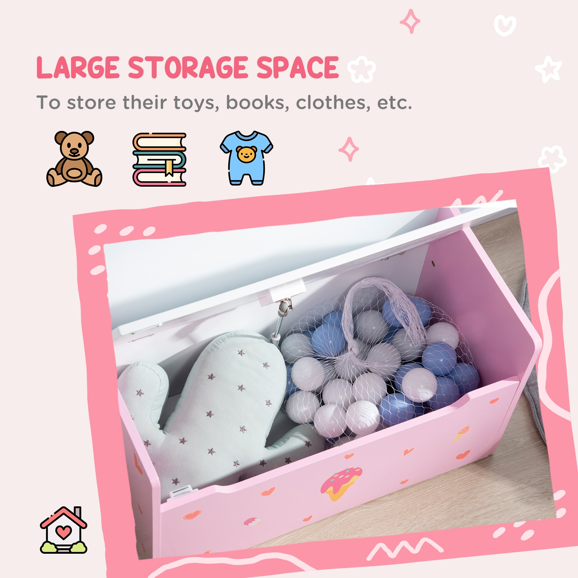 ZONEKIZ Dual-Purpose Toy Chest: Wooden Storage Bench with Safety Mechanism, Pretty in Pink | Aosom UK