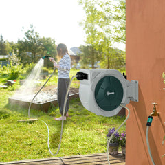 Kozy - Retractable Hose Reel Wall Mounted, 30+2m Garden Hose Pipe Reel with Lock, Auto Rewind, 7 in 1 Spray Nozzle, Includes Wall Fixings, 180° Swivel, Outdoor Watering, Grey