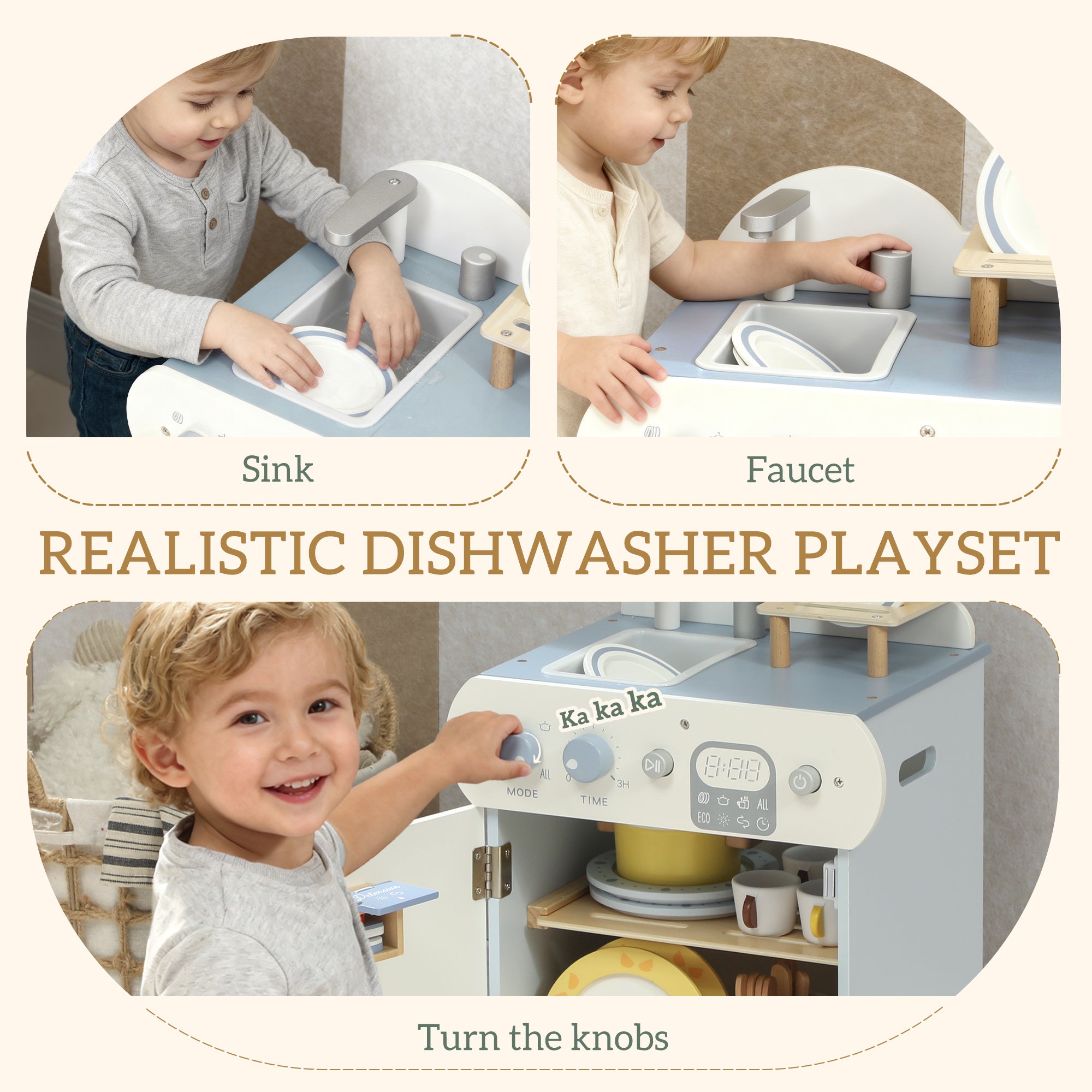 Kozy Wooden Dishwasher Playset, Kitchen Sink Toys with Faucet, Sink and Accessories, Gift for Boys Girls Toddlers