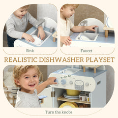 Kozy Wooden Dishwasher Playset, Kitchen Sink Toys with Faucet, Sink and Accessories, Gift for Boys Girls Toddlers