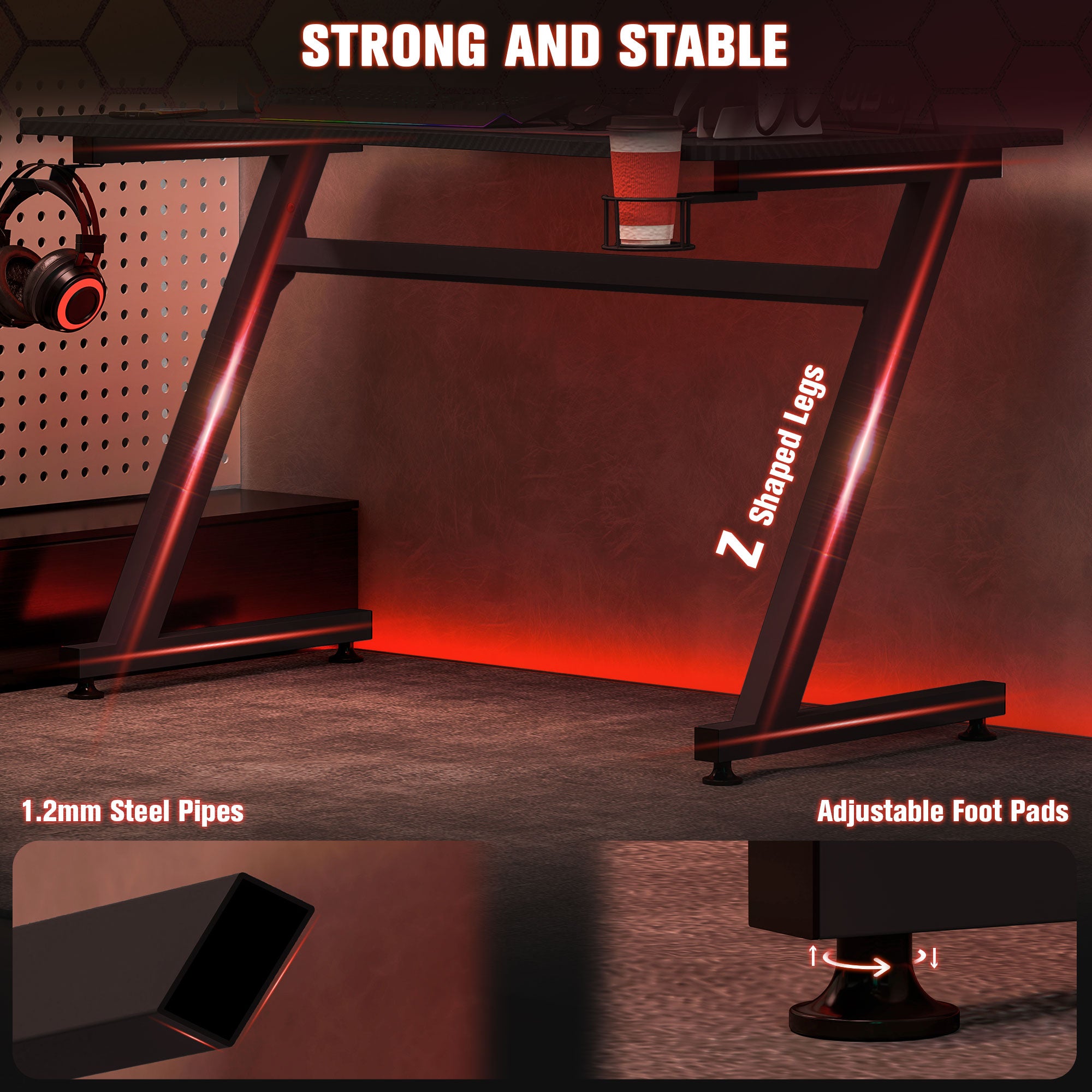 Kozy Gaming Desk 120 x 65 cm Steel Frame with Cup Holder, Headphone Hook, Adjustable Feet and Cable Organiser, Home Office Computer Table, Black