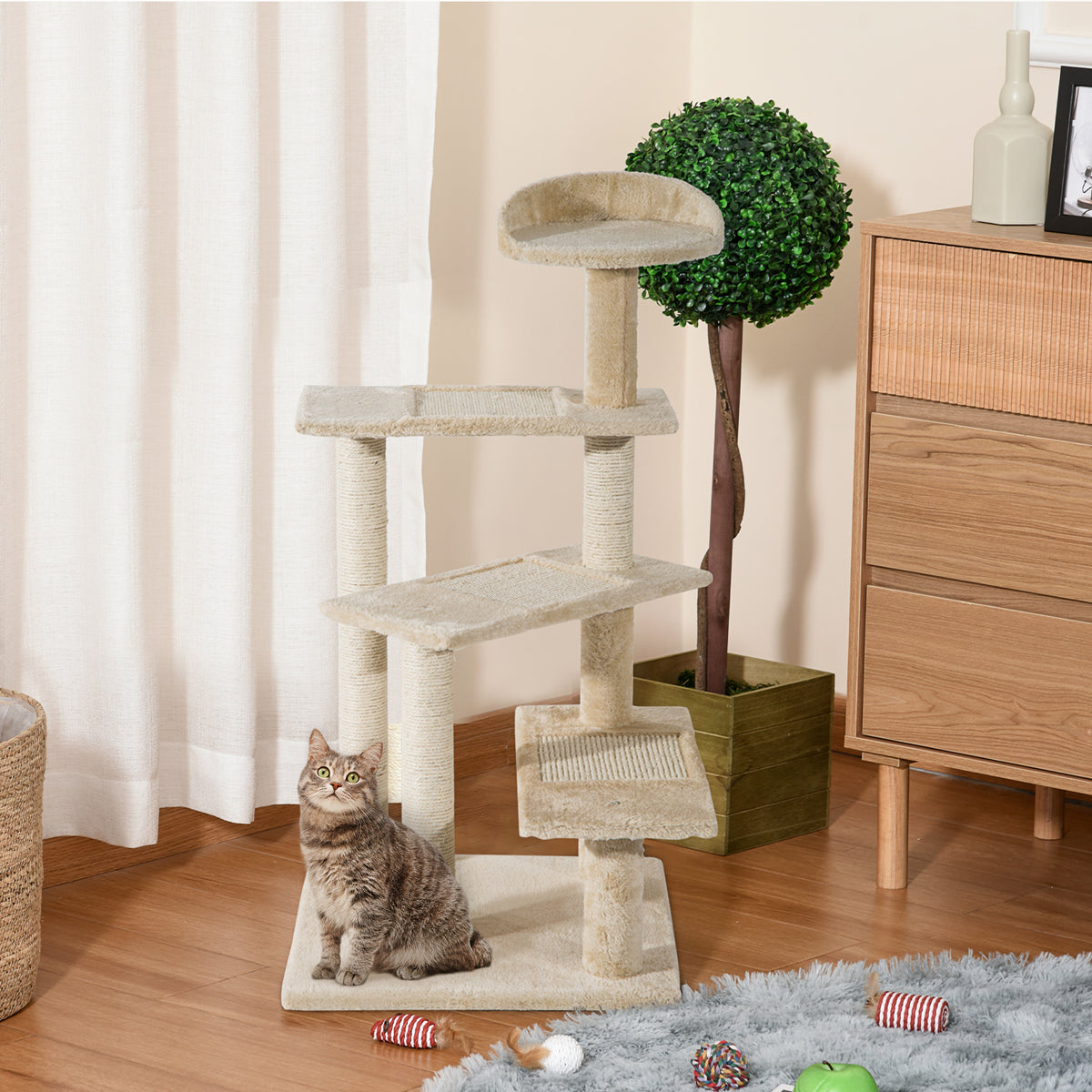 PawHut Beige Cat Tree, Kitten Scratching Post, Sisal Climbing Tower, Activity Centre, Sturdy