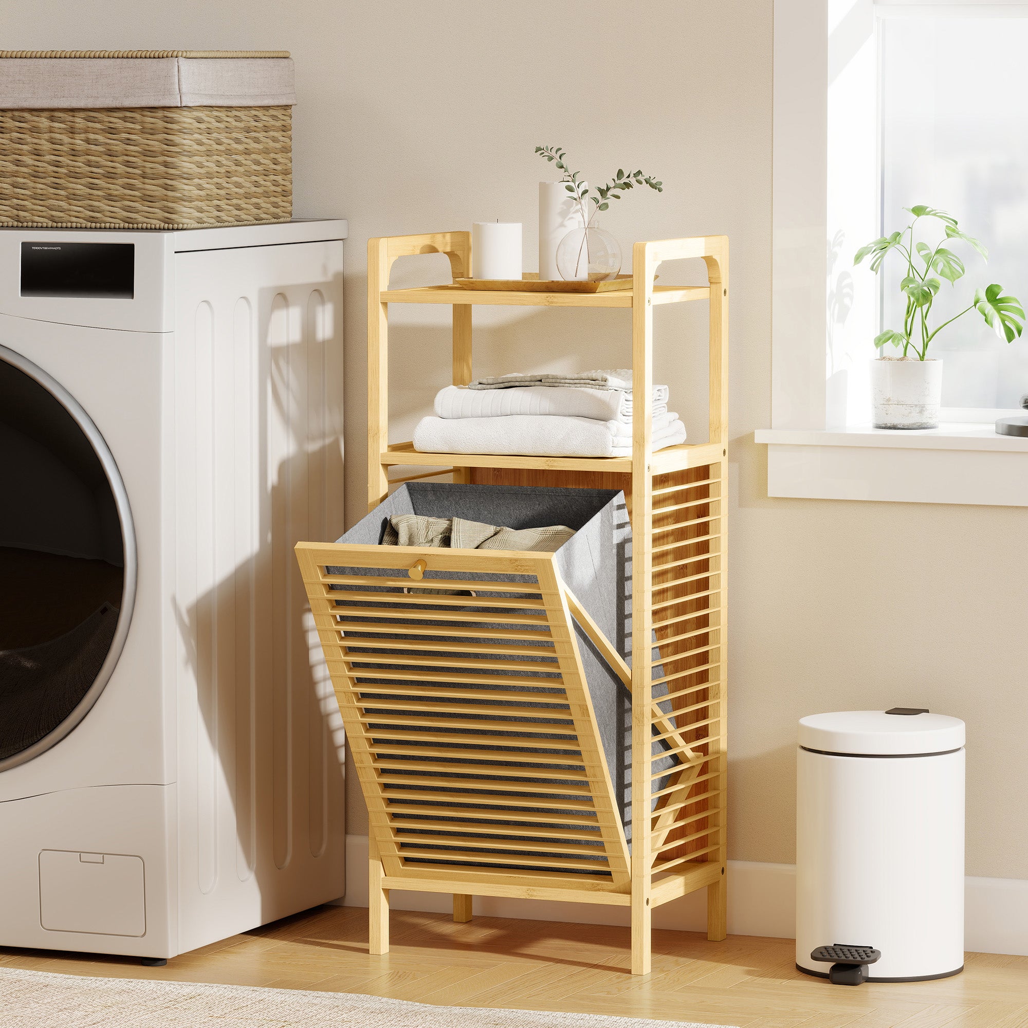 Kozy - Bamboo Laundry Cabinet with Slatted Door, Bathroom Cabinet with Tilt-Out Hamper and Removable Liner Bag, 40 x 30D x 95 cm, Natural Wood Finish