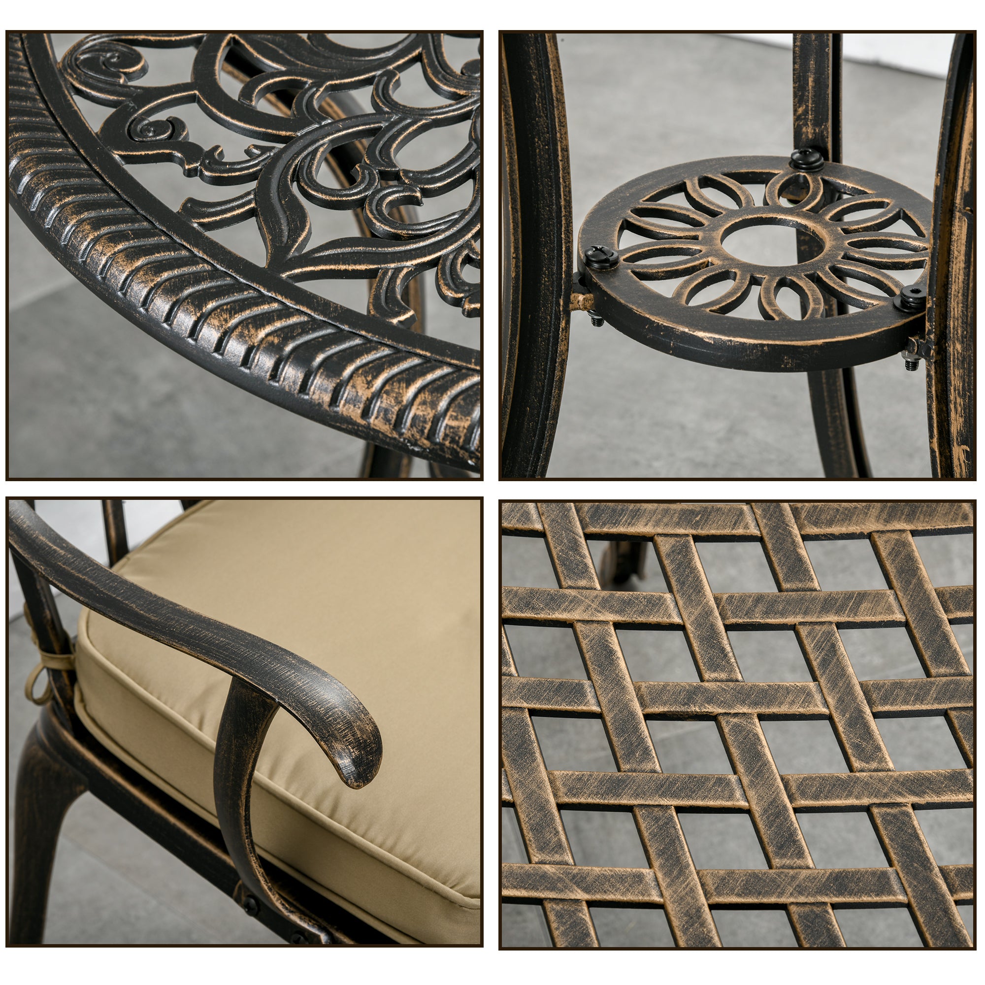 Kozy 3pc Cast Aluminium Garden Bistro Set for 2 with Parasol Hole, Outdoor Coffee Table Set Rust Resistant with Cushions, Bronze