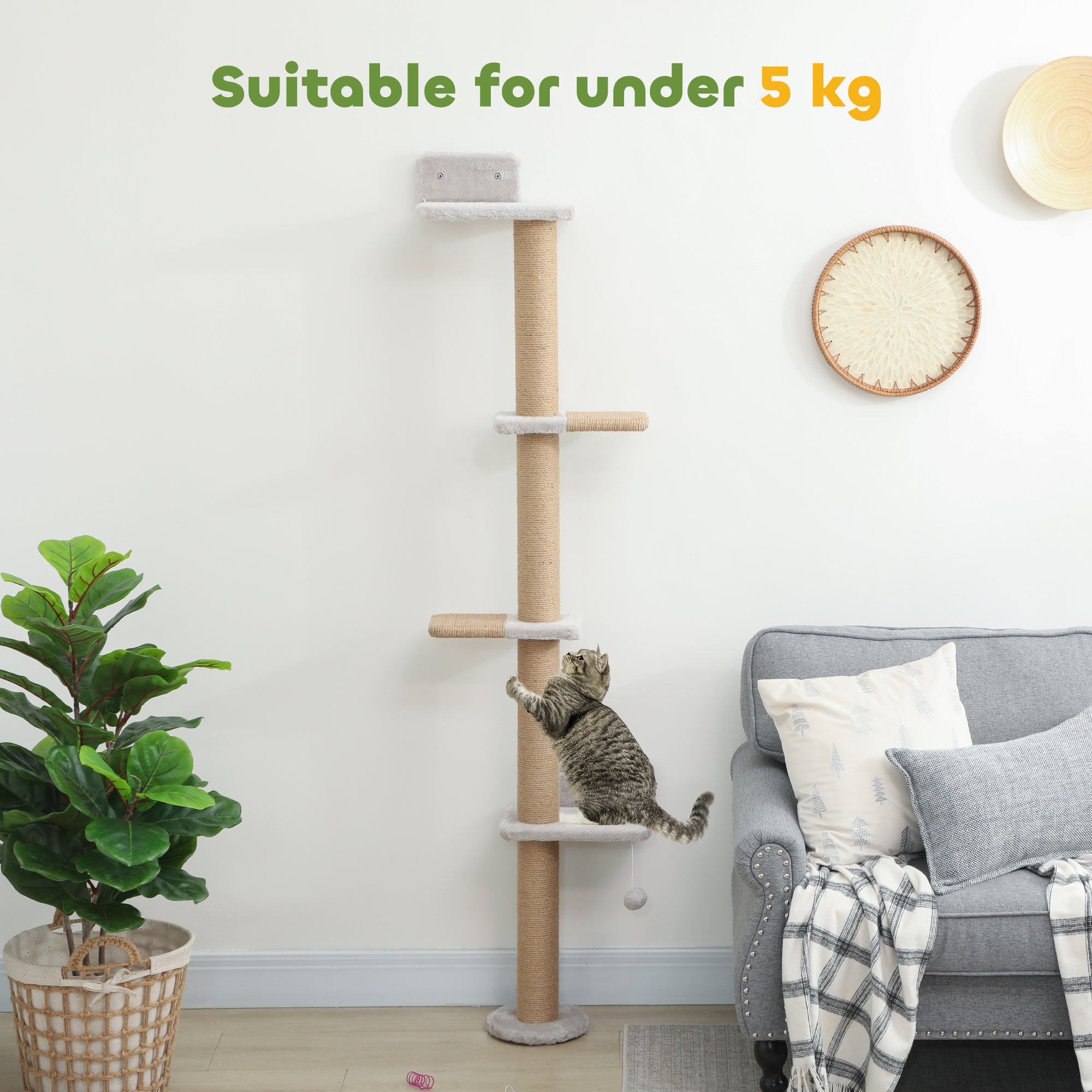 Kozy - Wall Mounted Cat Shelves, Cat Climbing Wall with 4 Climbing Platforms, Jute Scratching Post and Toy Ball,180cm Tall, Light Grey
