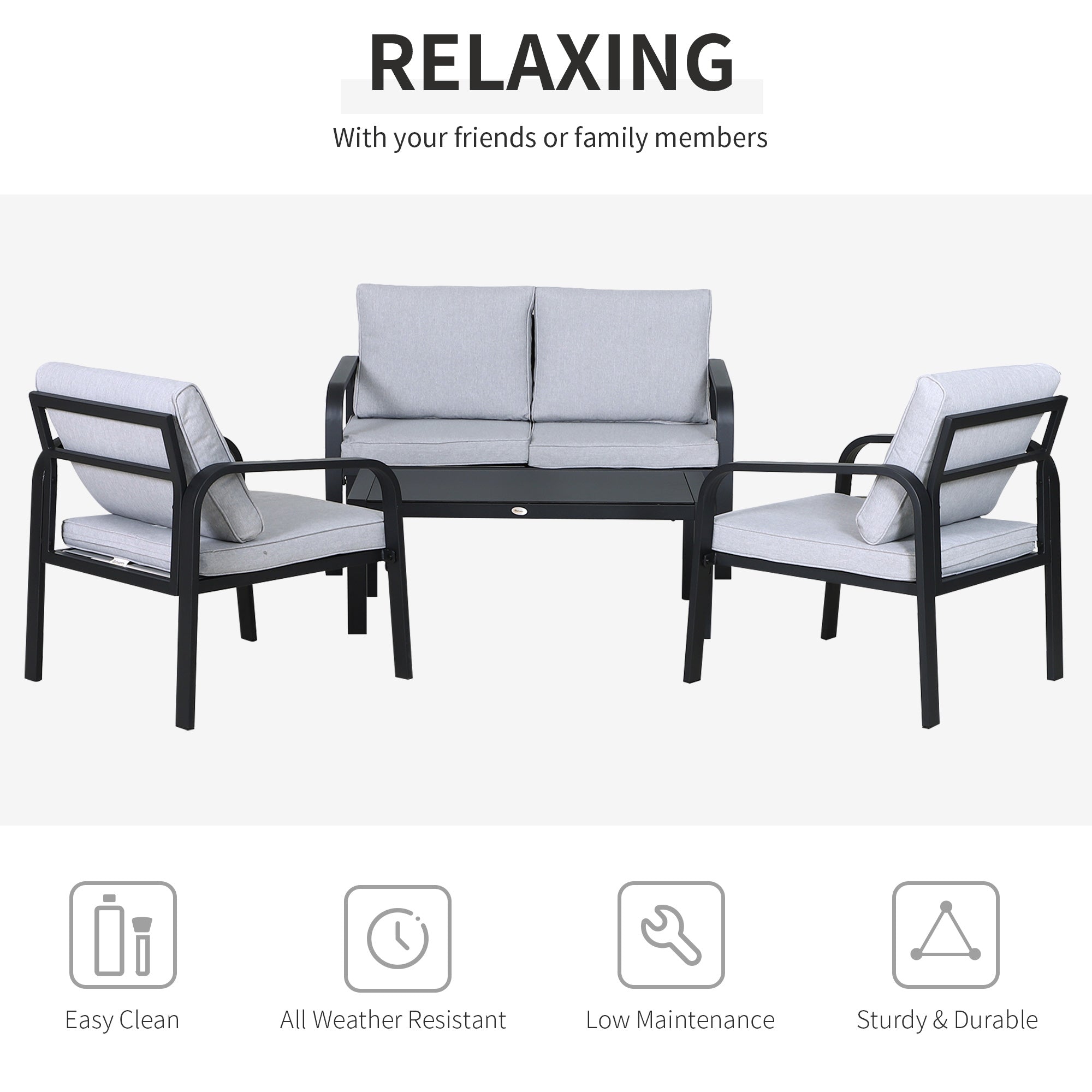 Kozy 4pcs Garden Sofa Set 2 Single Armchair, 1 Bench & 1 Coffee Table Set Aluminum Frame Patio Furniture with Cushions, Black
