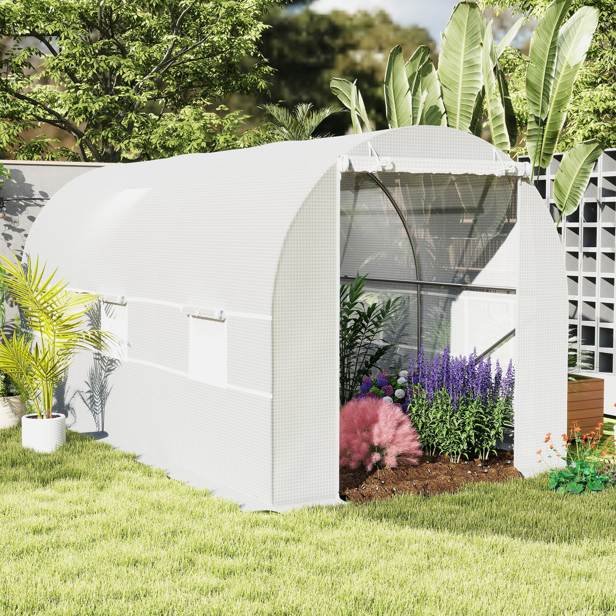 Kozy 4.5 x 2 x 2 m Polytunnel Greenhouse, Walk-in Green House for Garden with Mesh Windows, Galvanised Steel Frame, White