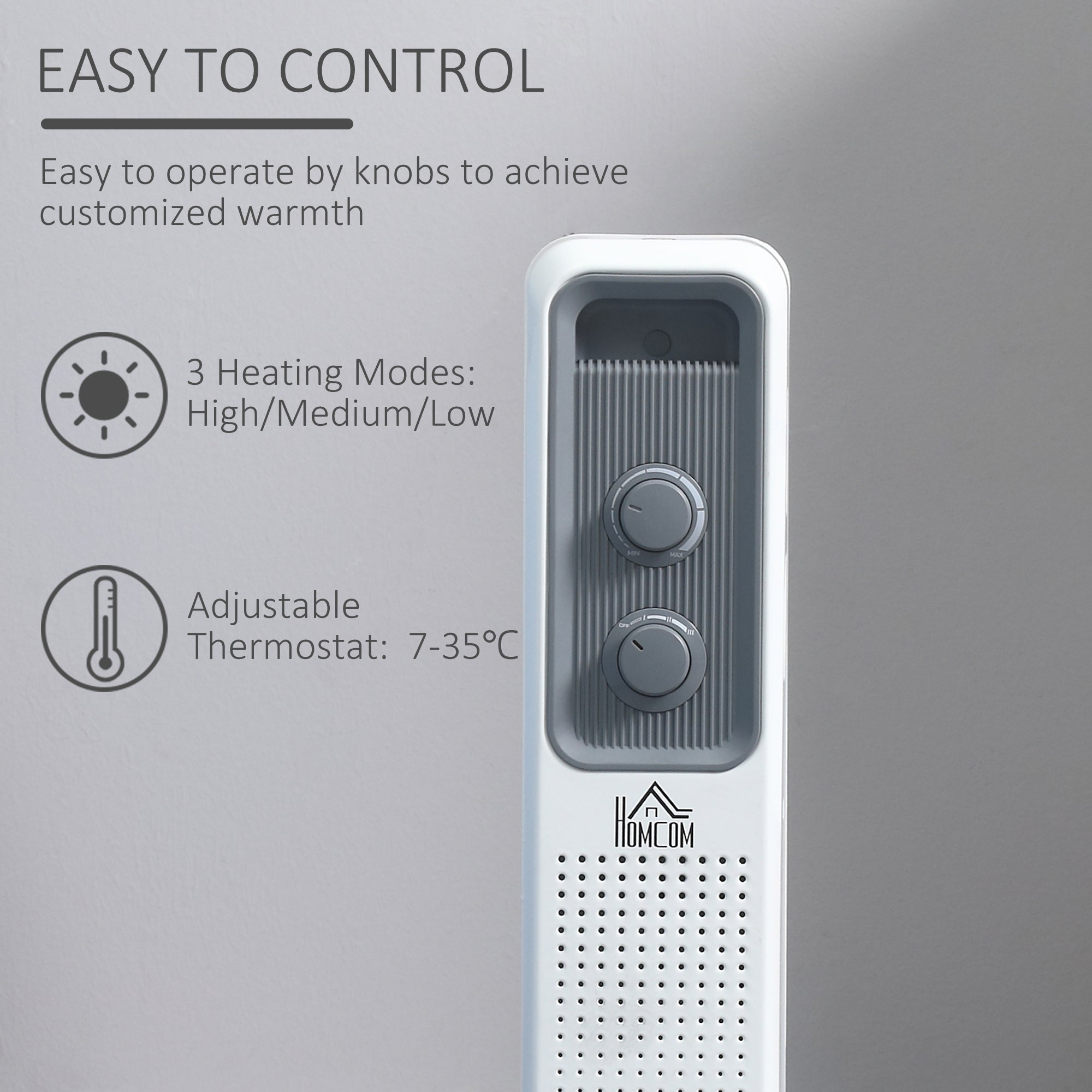 Kozy 1500W Oil Filled Radiator, 7 Fin, Portable Electric Heater with 3 Heat Settings, Safety Cut-Off and Wheels, White