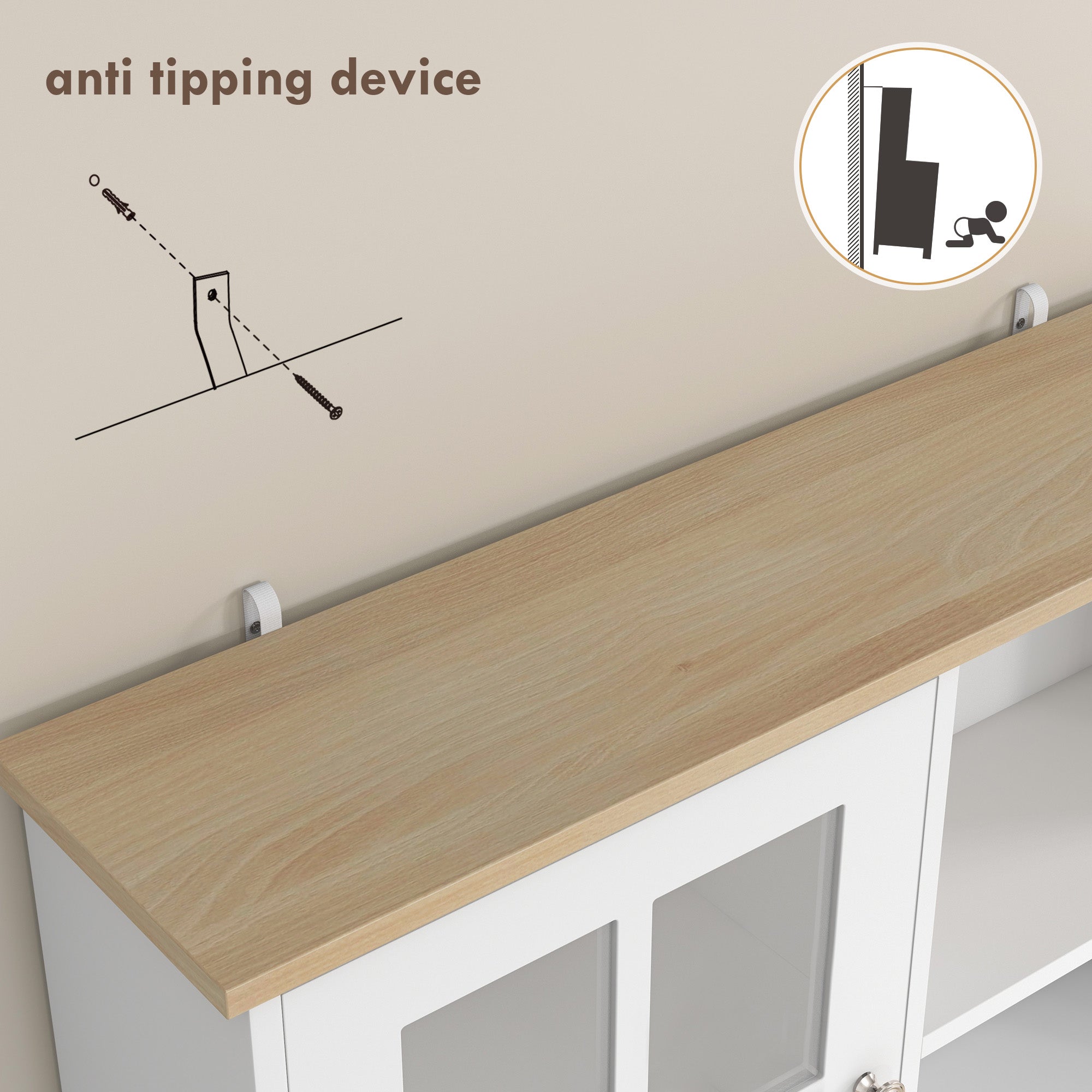 Kozy Freestanding Kitchen Cupboard, Storage Cabinet with Doors and Adjustable Shelves, Counter Top, Grid Glass Doors, 80L x 37W x 183H cm - White