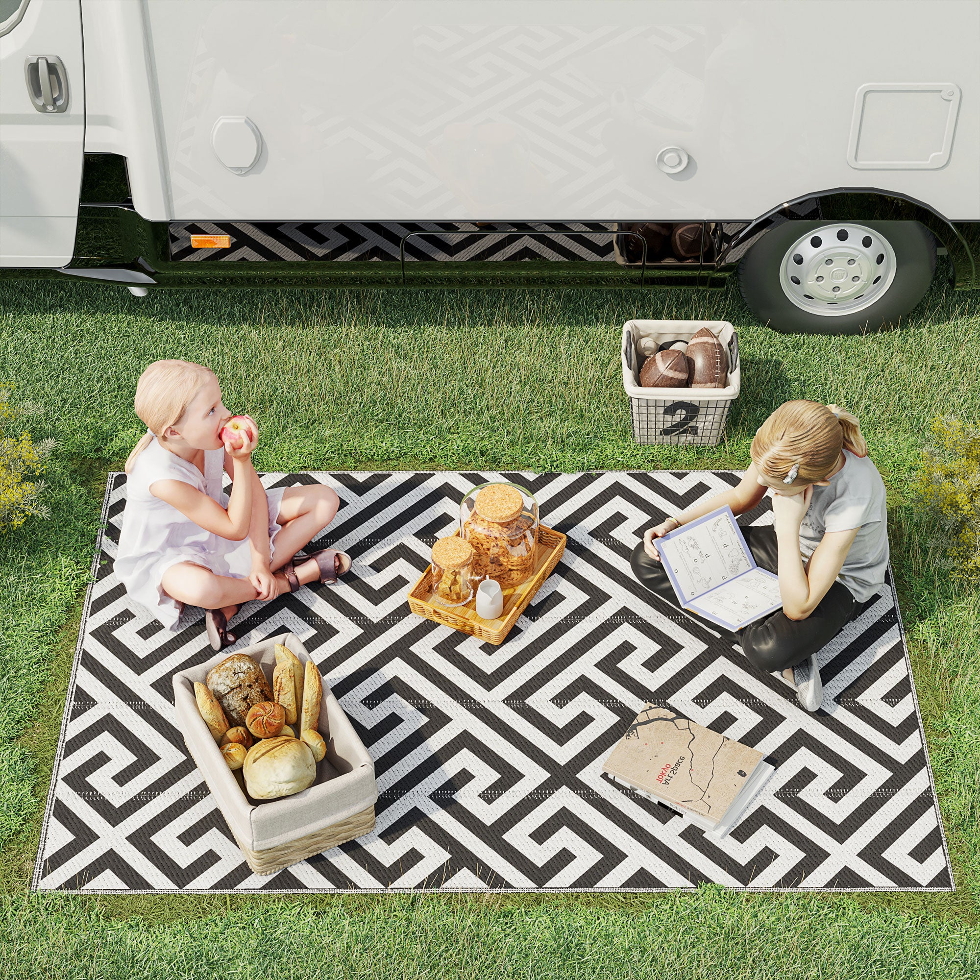 Kozy Outdoor Rug Reversible Mat Plastic Straw Rug Portable RV Camping Mat for Garden Deck Picnic Indoor, 121 x 182 cm (4 x 6 ft), Black & White
