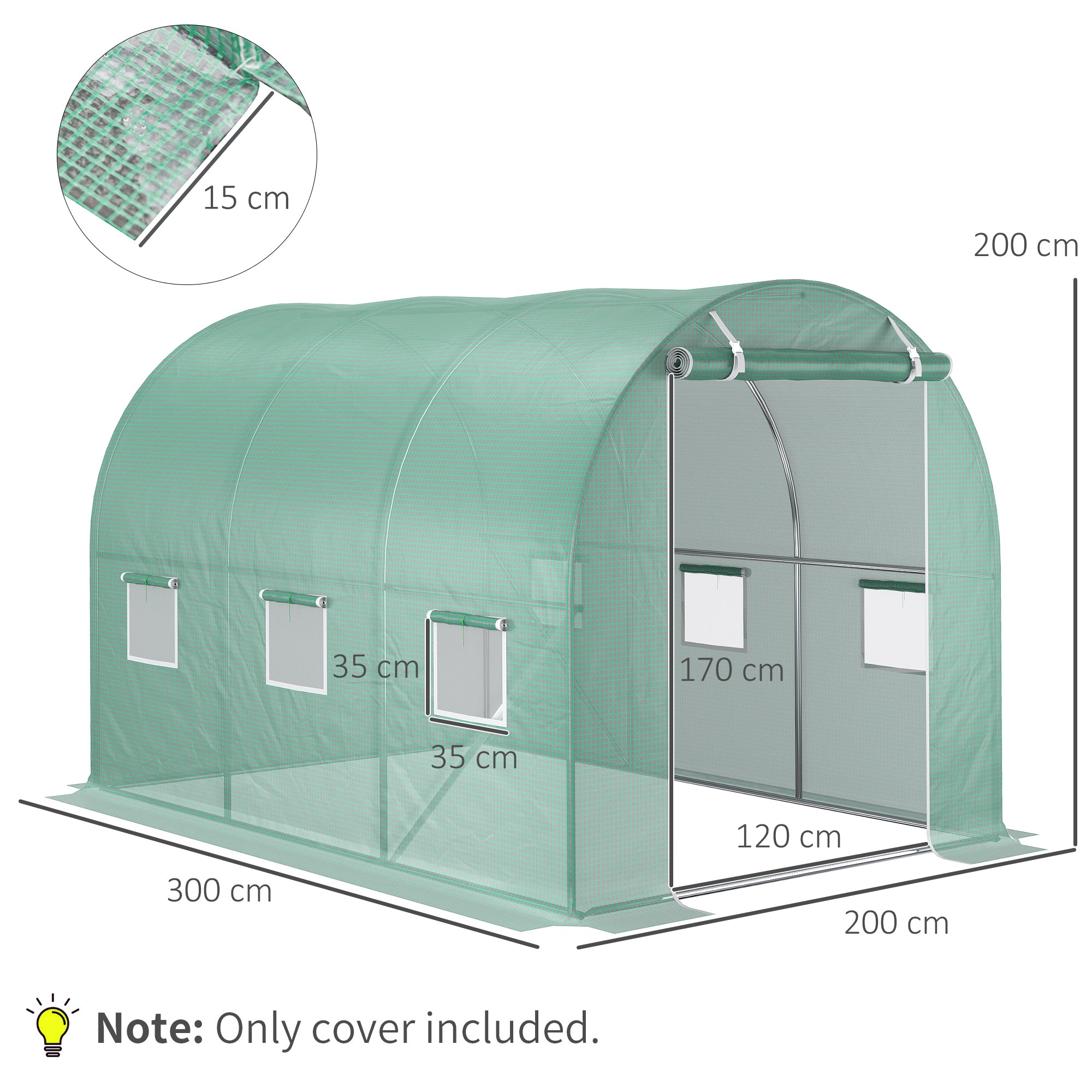 Kozy 3 x 2 x 2m Greenhouse Replacement Cover ONLY Winter Garden Plant PE Cover for Tunnel Walk-in Greenhouse with Roll-up Windows Door Outdoor, Green