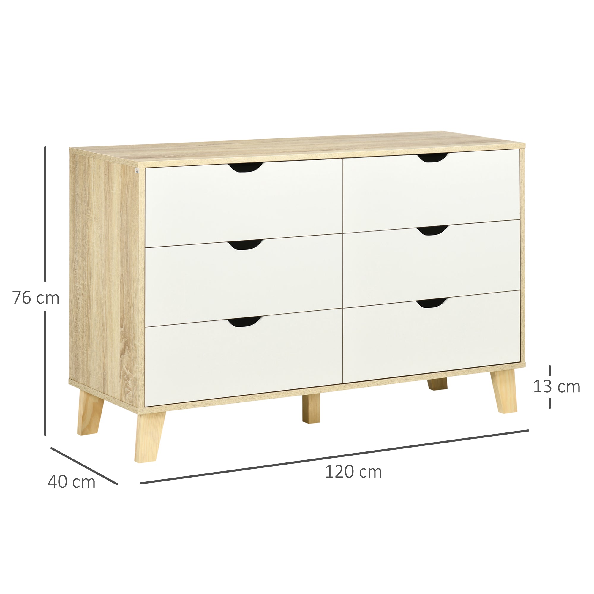 Kozy Bedroom Chest of Drawers, Wide 6-Drawer Dresser, Storage Drawer Unit with Wood Legs for Living Room, White and Light Brown