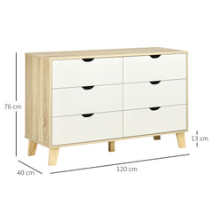 Kozy Bedroom Chest of Drawers, Wide 6-Drawer Dresser, Storage Drawer Unit with Wood Legs for Living Room, White and Light Brown