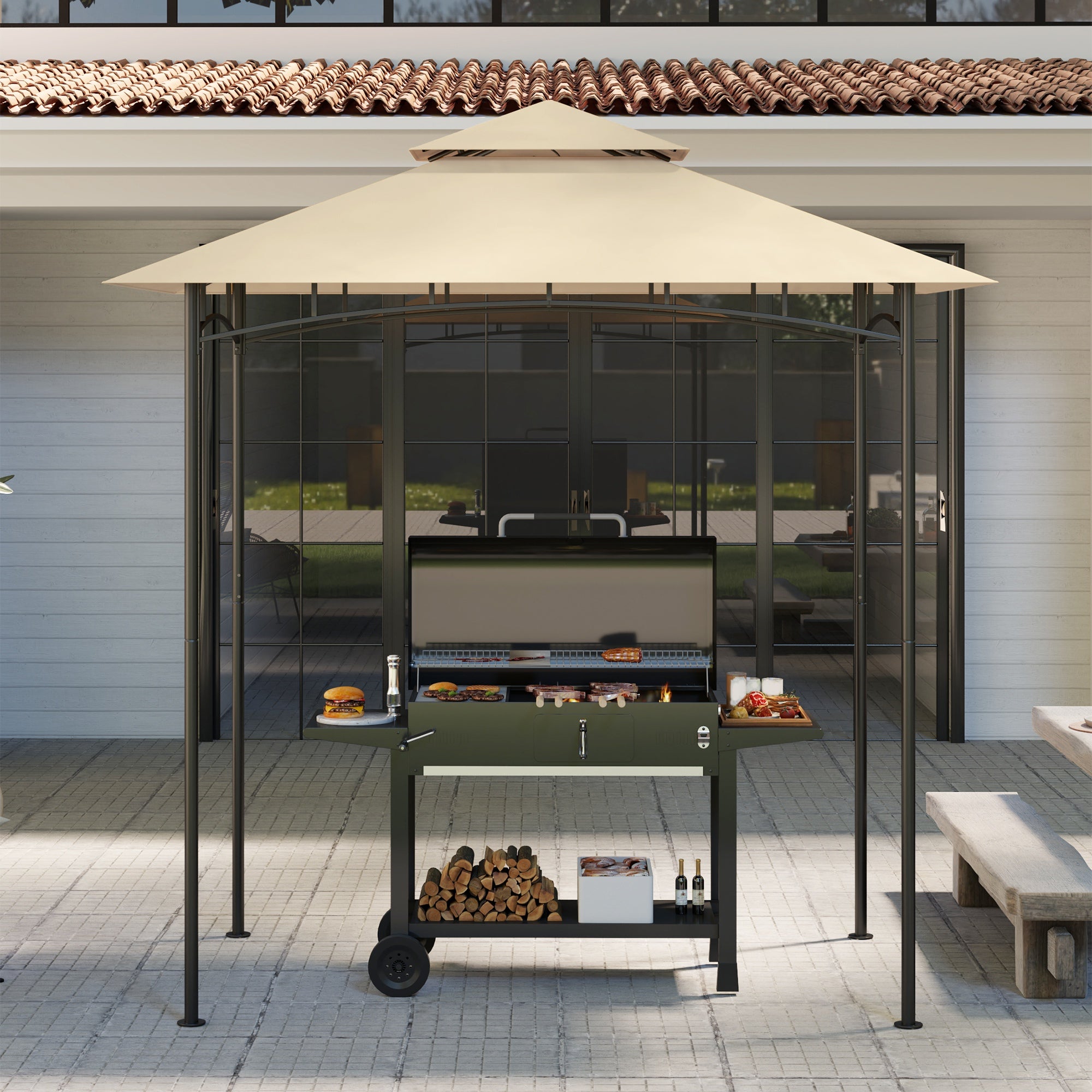 Kozy - Grill Gazebo Replacement Canopy Roof for 1.5 x 2.4m Frame, UPF50+ Protection, Double Tiered 5' x 8' Outdoor BBQ Gazebo Cover Replacement, TOP COVER ONLY, Beige
