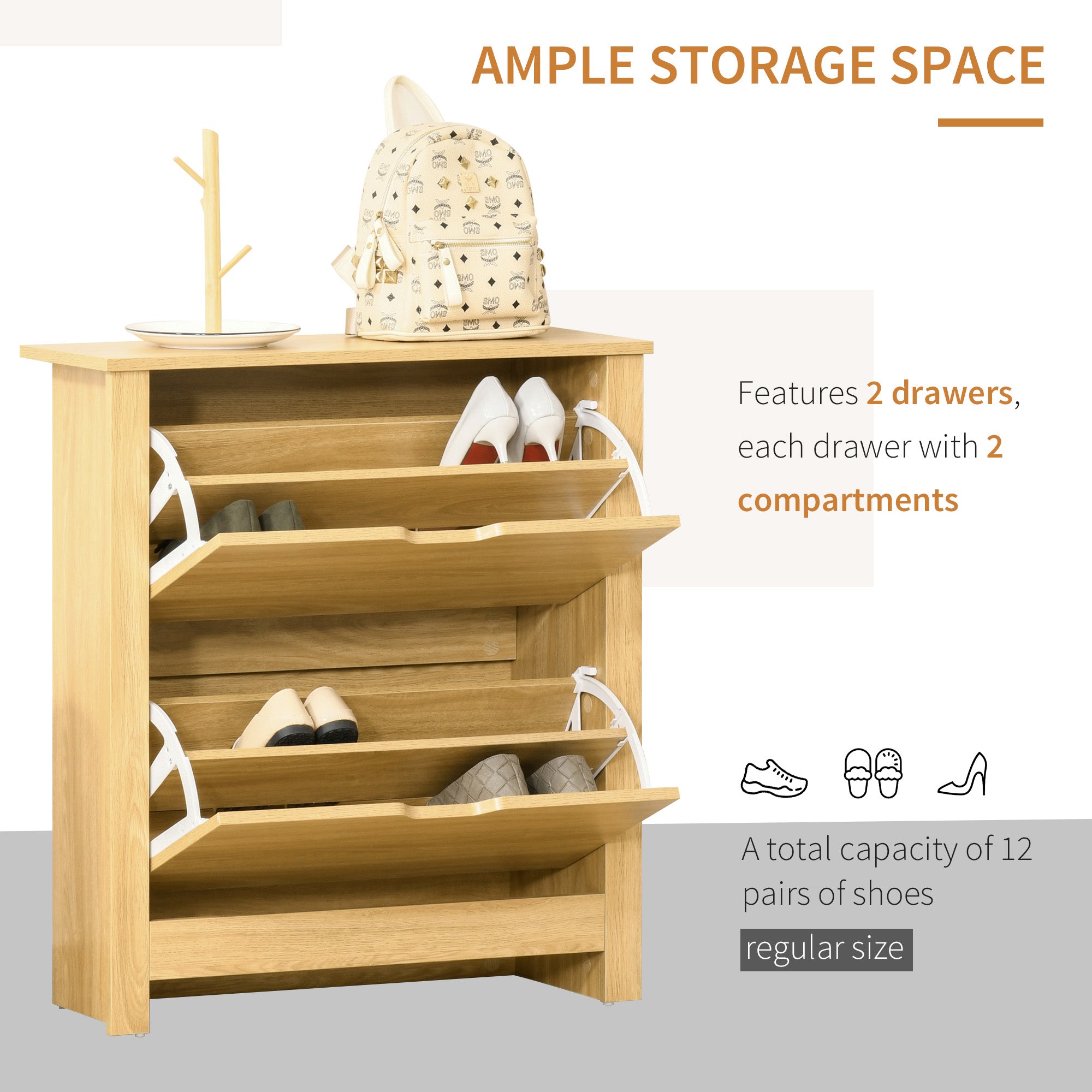 HOMCOM Shoe Storage Cabinet with 12 Compartments, 4 Shelves, 2 Drawers, and Protective Legs, Modern Stylish Unit for Hallway Bedroom, Brown