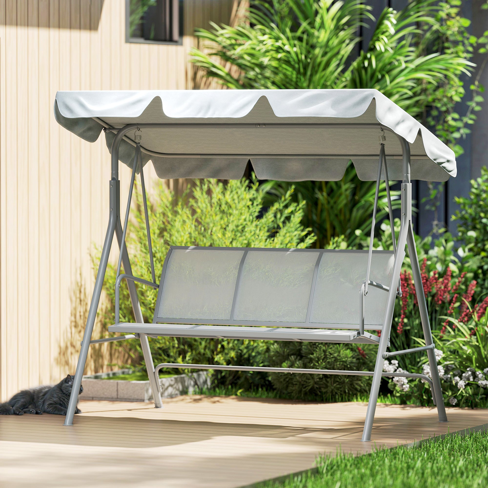 Kozy Metal Garden Swing Chair, 3-Seater Swing Seat, Patio Hammock Bench Canopy Lounger, Light Grey