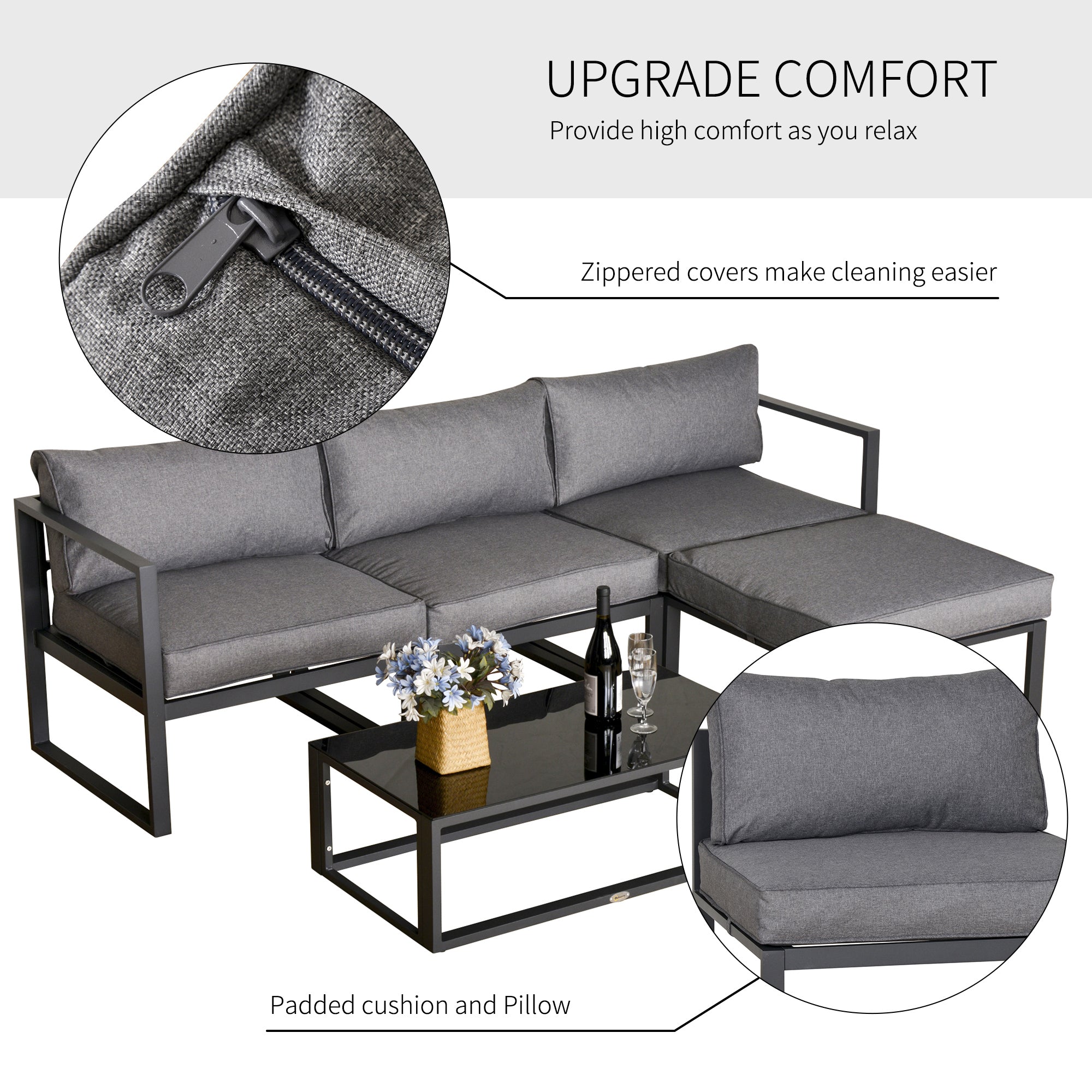 Kozy 5 Pieces Outdoor Patio Furniture Set, Sofa Couch with Glass Coffee Table, Cushioned Chairs and Aluminum Tube, for Balcony Garden Backyard, Grey