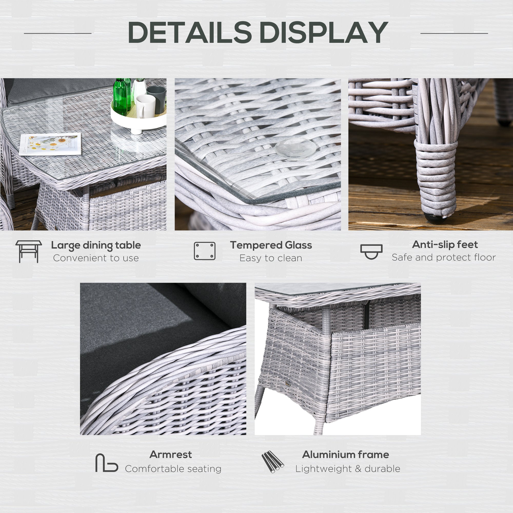 Kozy Garden PE Rattan Dining Sofa Set, Outdoor 4 Seater Wicker Furniture, High Back Chairs with Cushions, Tempered Glass Coffee Table for Patio, Mixed Grey