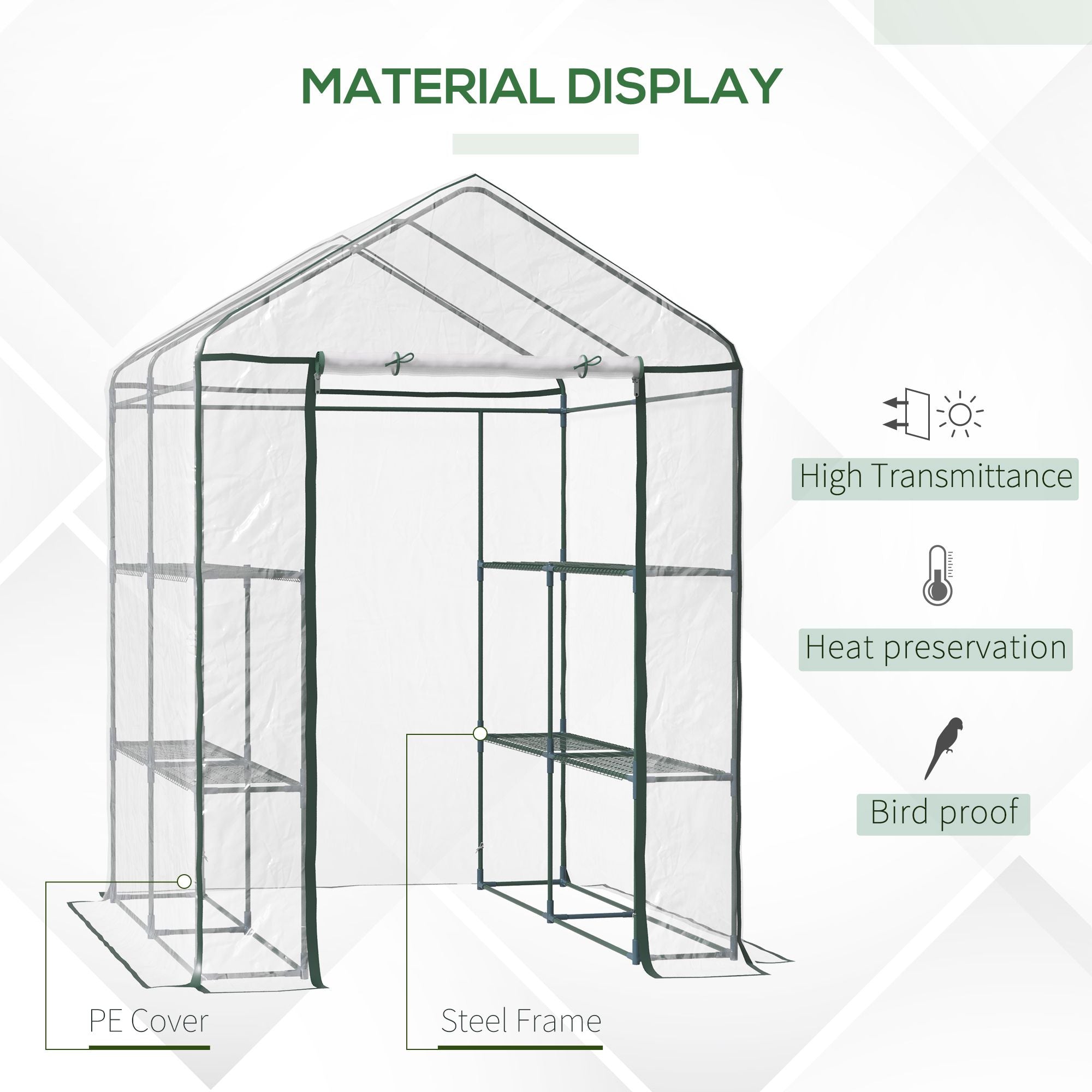 Kozy Walk in Greenhouse with 3-Tier 8 Shelves, Green House with Hemmed Cover, Roll-up Zipped Door, Steel Frame, 143 x 143 x 195cm