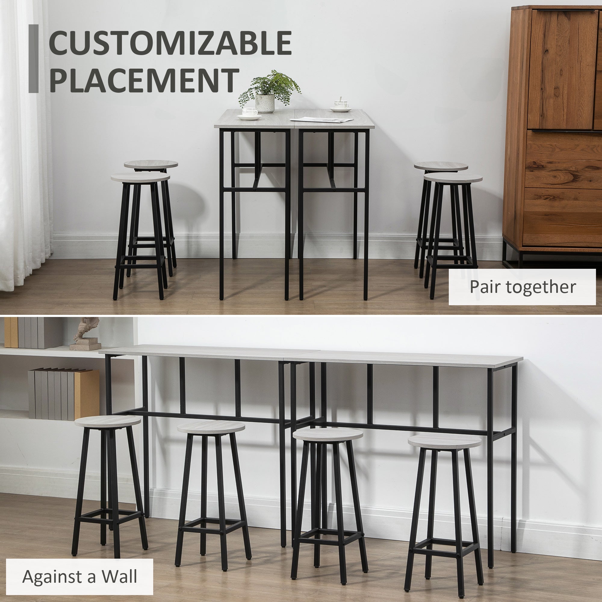 Kozy 6-Piece Bar Table Set, 2 Breakfast Tables with 4 Stools, Counter Height Dining Tables & Chairs for Kitchen, Living Room, Grey