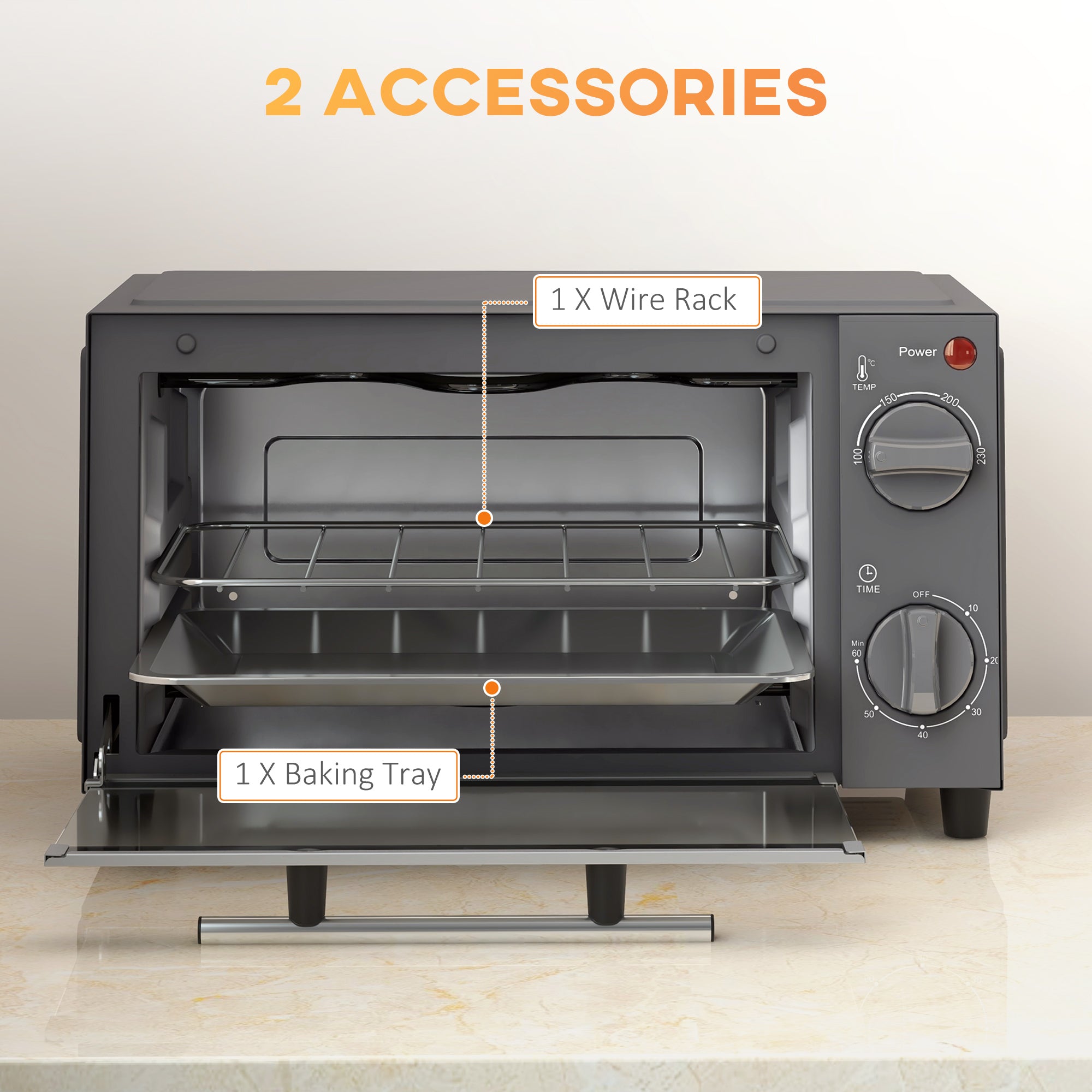 HOMCOM Mini Oven, 9L Countertop Electric Grill, Toaster Oven with Adjustable Temperature, Timer, Baking Tray and Wire Rack, 750W, Grey | Aosom UK
