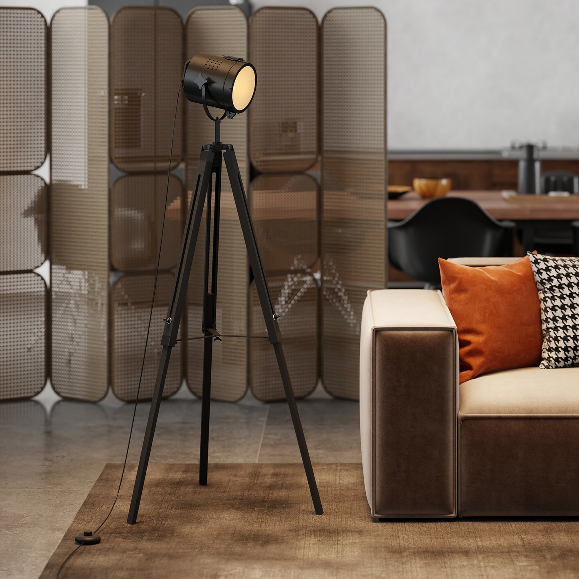 Kozy - Industrial Tripod Floor Lamp, Nautical Searchlight with Adjustable Height, Wood Legs, E14 Lamp Base for Living Room, Bedroom, Black